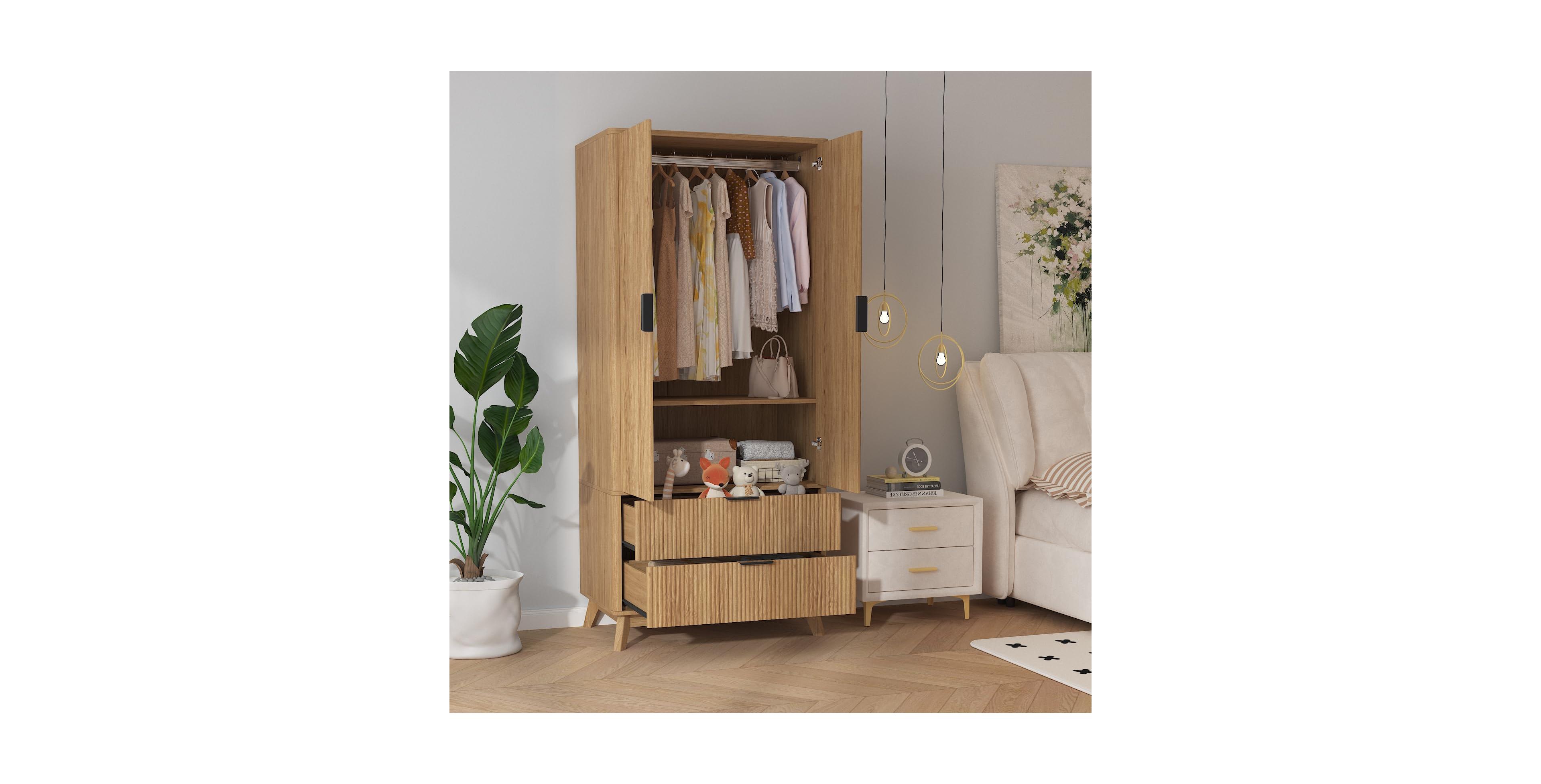 gaomon 71" Tall Wooden Armoire War drobe Closet with 2 Doors, 2 Drawers, Hanging Rod and Adjustable Shelf, Modern Clothing Storage Cabinet