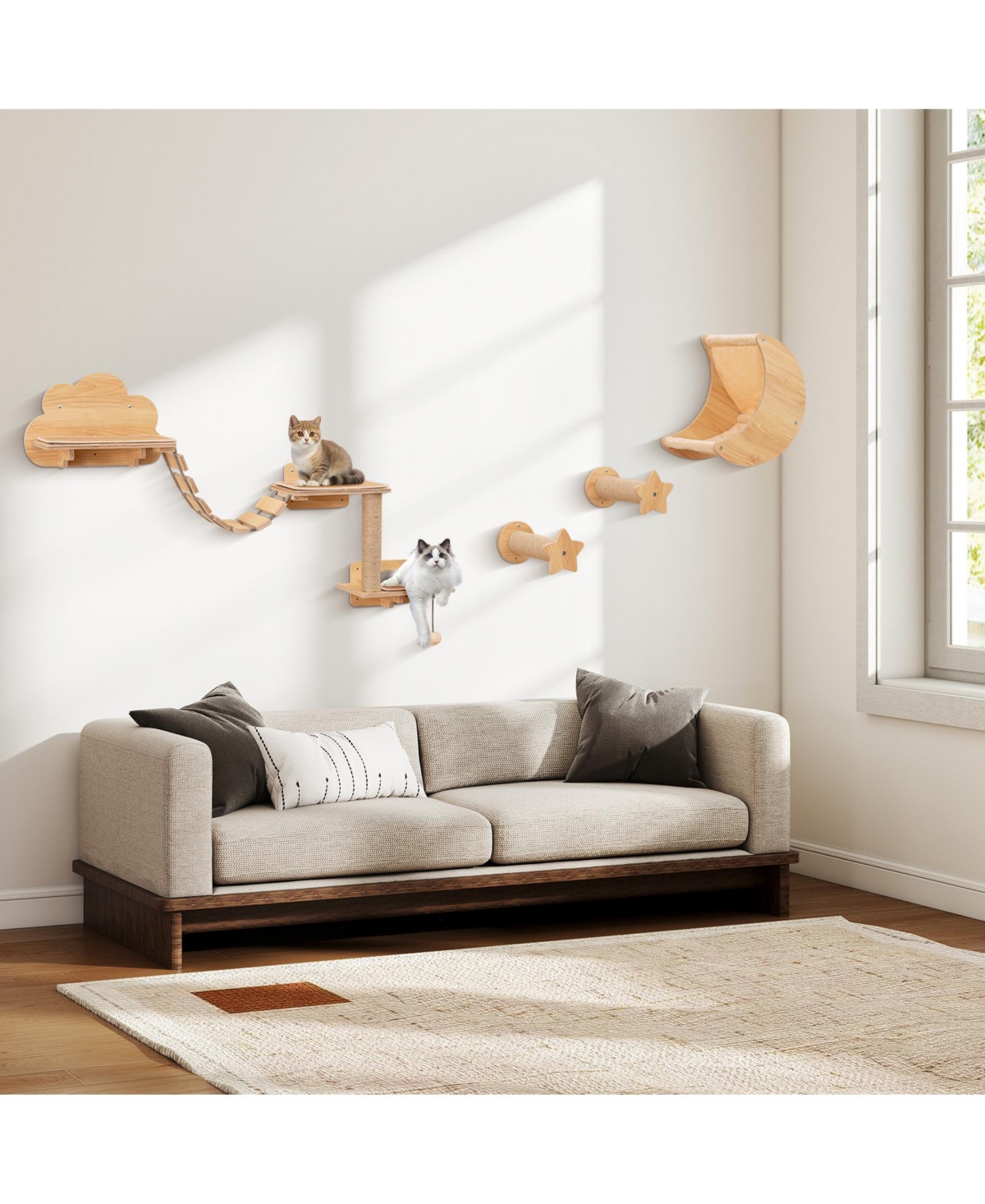 Zeny Cat Wall Furniture Set with Hammock and Wall Shelves - Beige