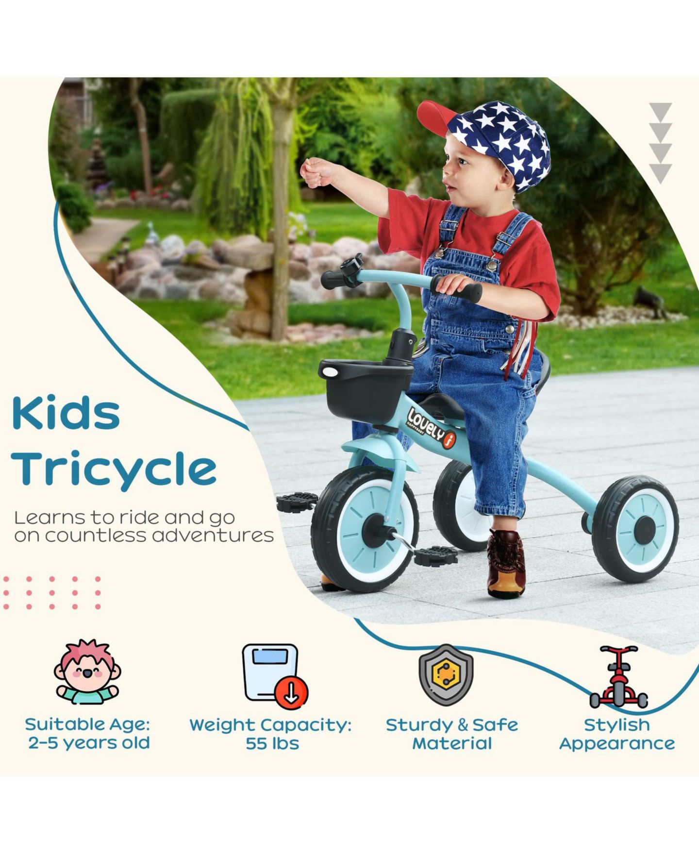 Детская игрушка Glintex Toddler Tricycle with Adjustable Seat, Bell and Storage Basket, 55-lb Capacity, 2–5 лет, цвет: Синий — фото 5