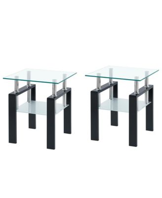 Set of Two Clear Glass and Metal Square End Tables With Shelf