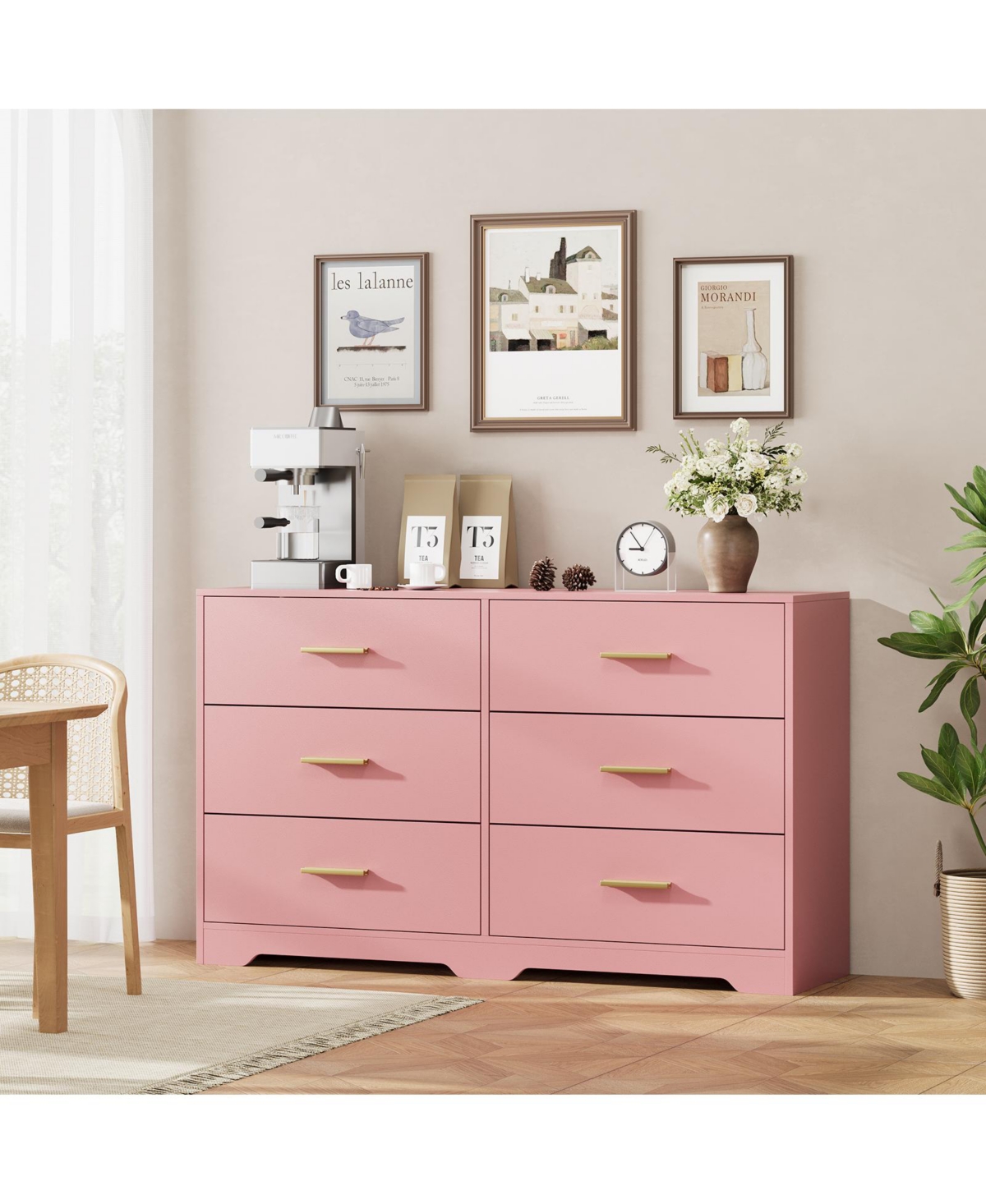homfan 6 Drawer Dresser 47 Inch Wide Wood Chest with Metal Handles Solid Wood Legs for Bedroom Closet Living Room