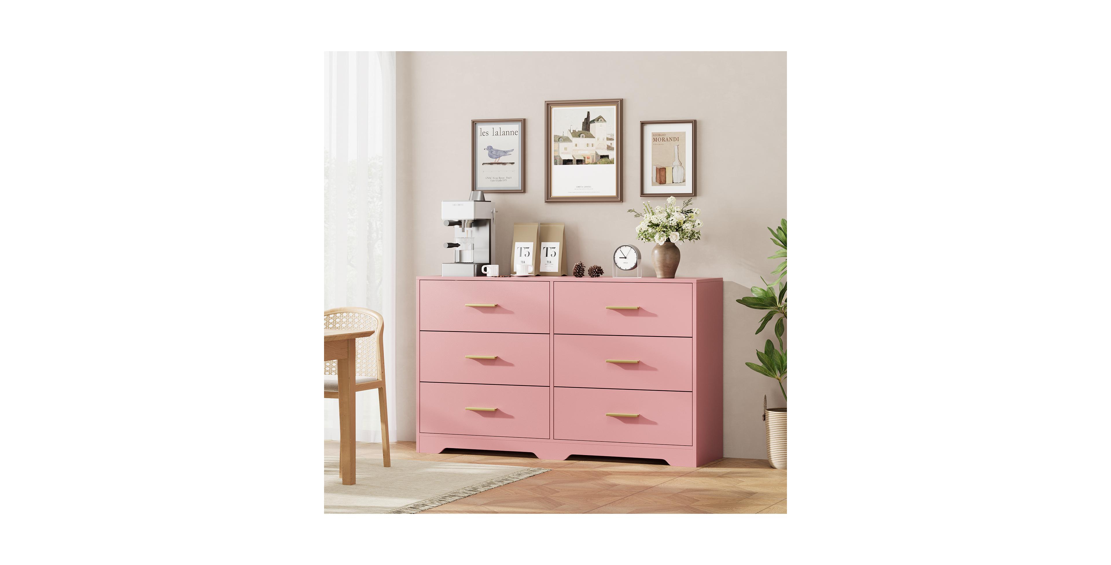 homfan 6 Drawer Dresser 47 Inch Wide Wood Chest with Metal Handles Solid Wood Legs for Bedroom Closet Living Room