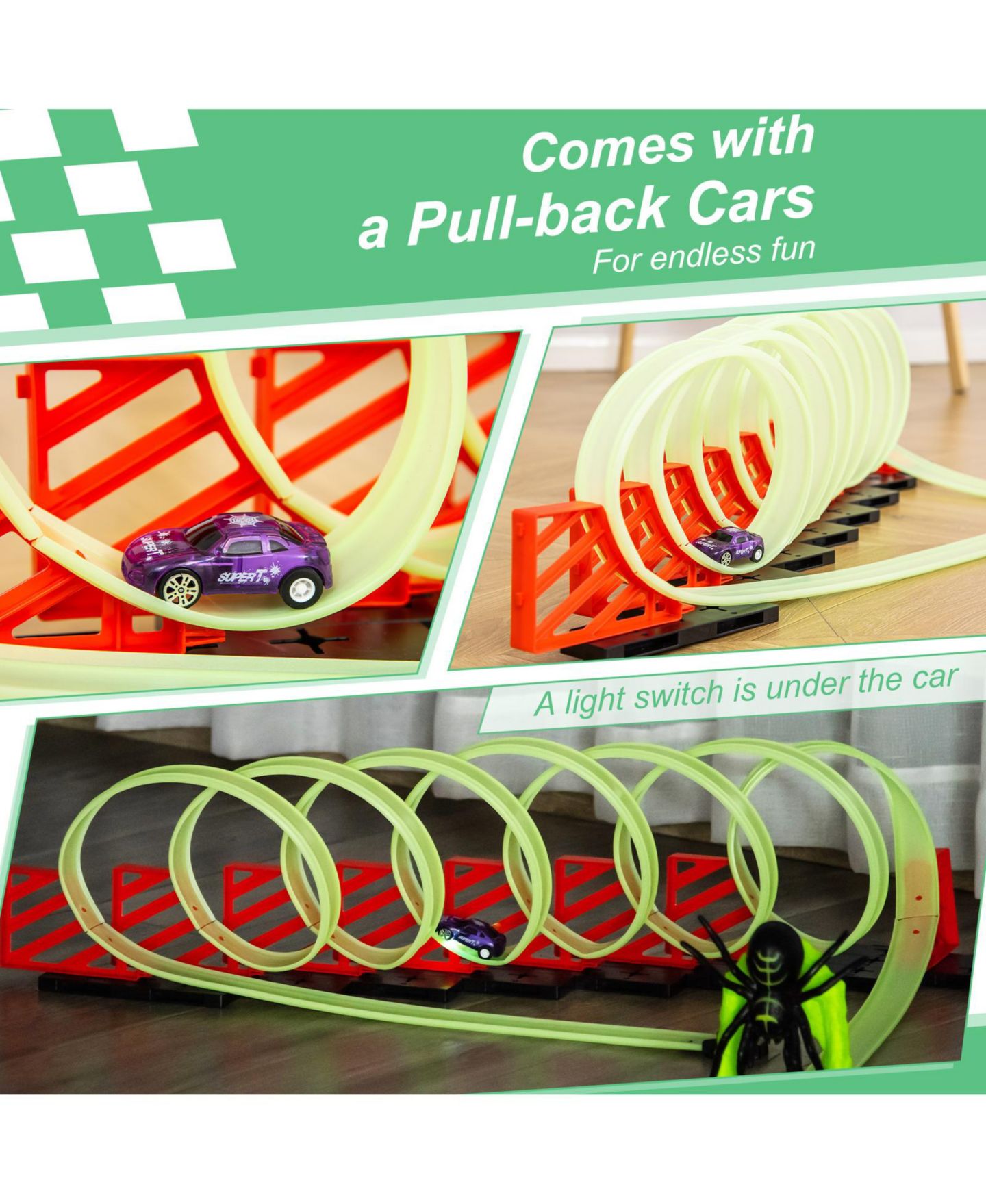 Детские игрушки Glintex Glow-in-the-Dark Pull-Back Car Spider Model Race Track Set, цвет: Зелёный — фото 6