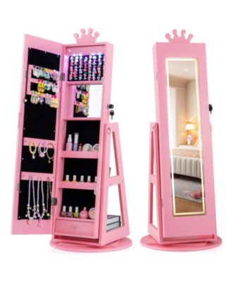 3-in-1 Kids Jewelry Cabinet With 3-Color Lighted Full Length Mirror and Internal Mirror
