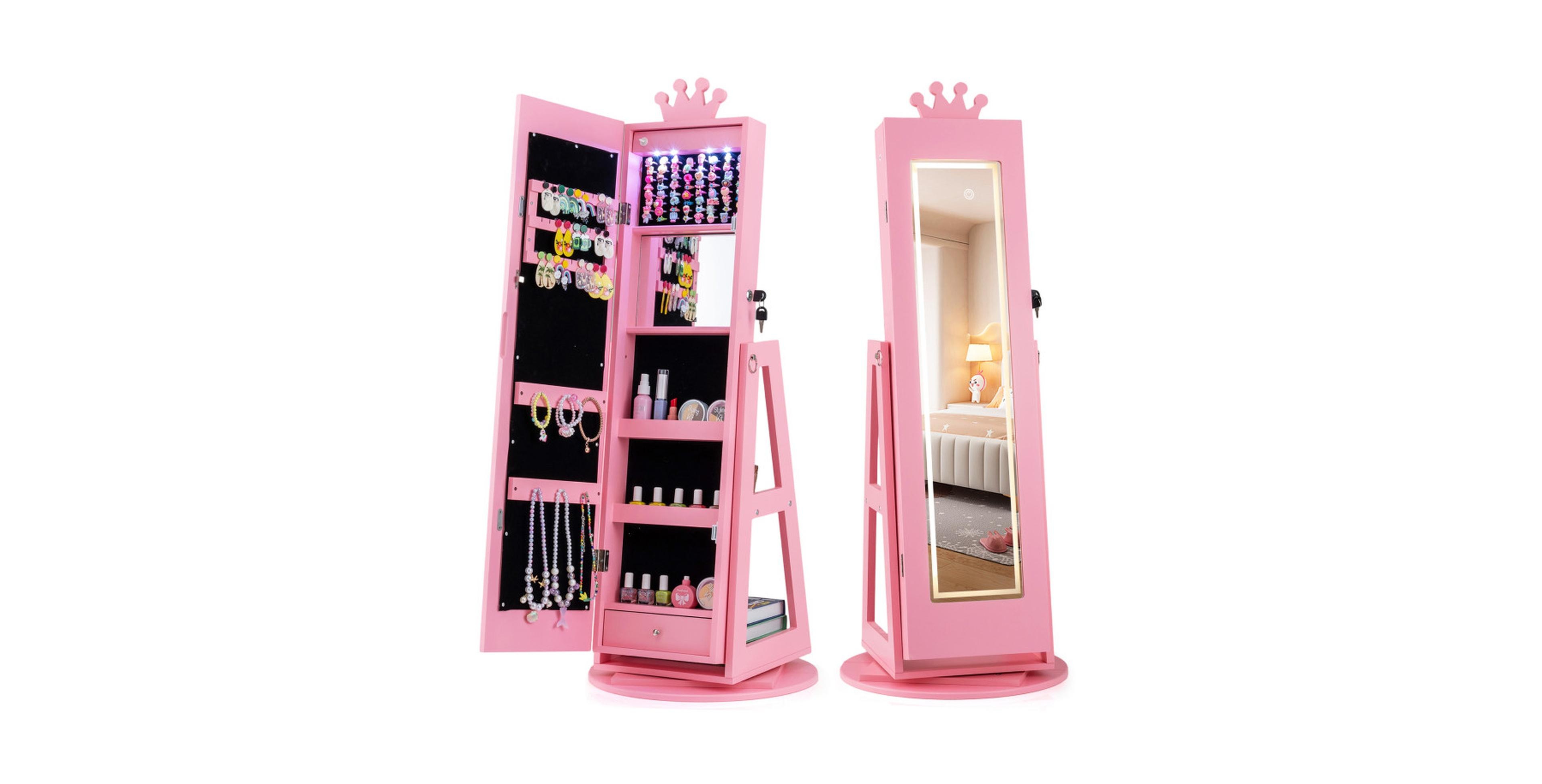 Sugift 3-in-1 Kids Jewelry Cabinet With 3-Color Lighted Full Length Mirror and Internal Mirror