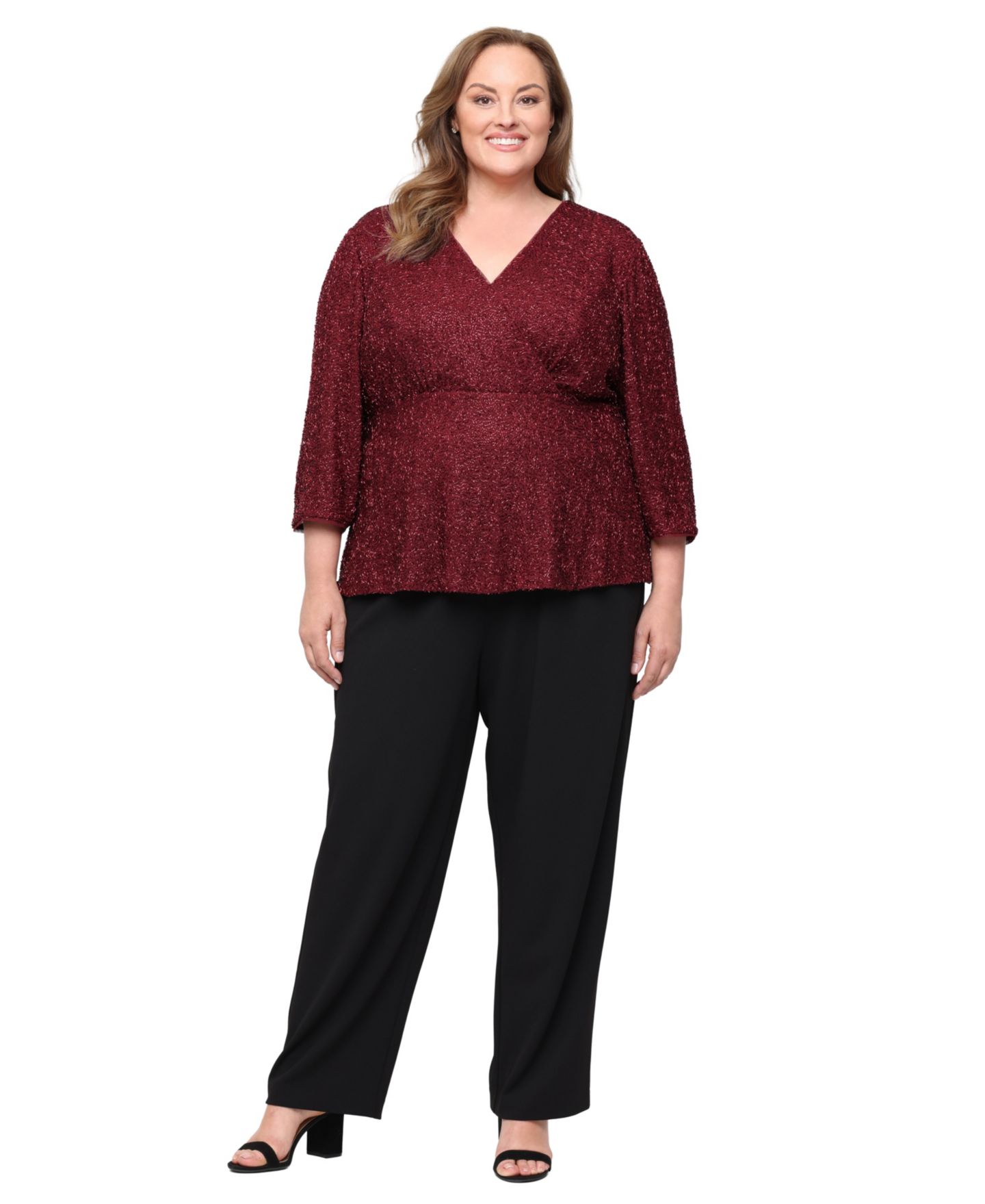Женская блузка Alex Evenings Plus Size Sequin Surplice 3/4-Sleeve, цвет: Винный — фото 1