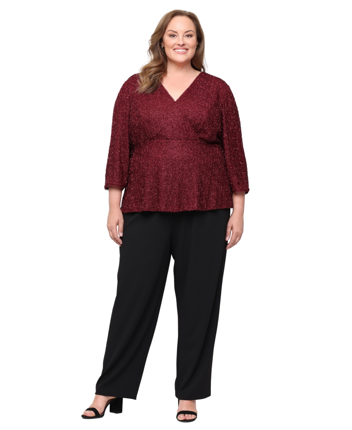 Alex Evenings Plus Size Sequin Surplice 3/4-Sleeve Blouse - Wine