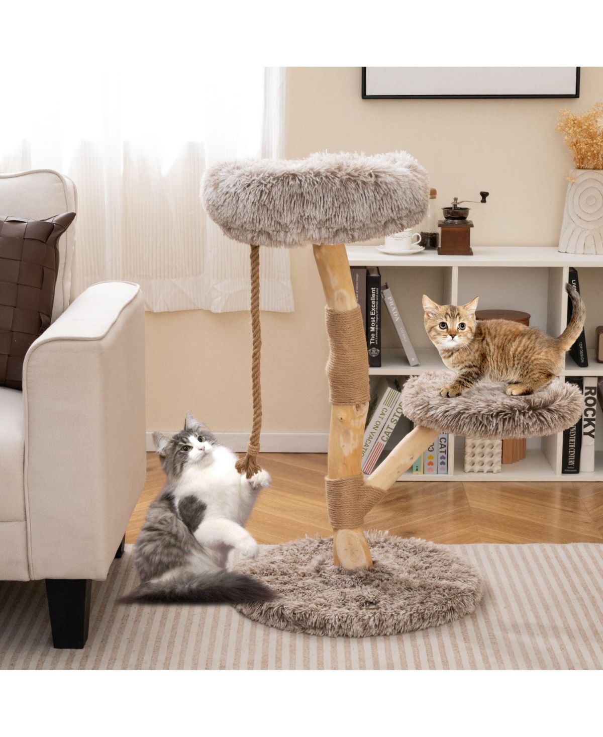 Zeny Modern Wooden Cat Tree Tower with Perch and Natural Jute Posts {c}