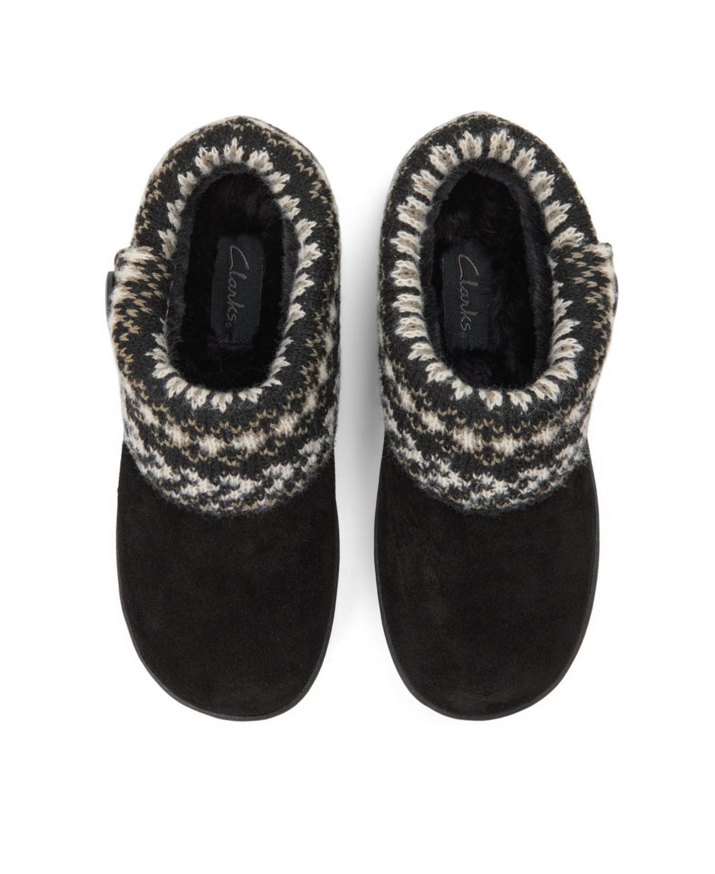 Женские сабо Clarks Suede Clog With Fair Isle Sweater Knit Cuff and Wood Button Slippers, цвет: Чёрный — фото 4