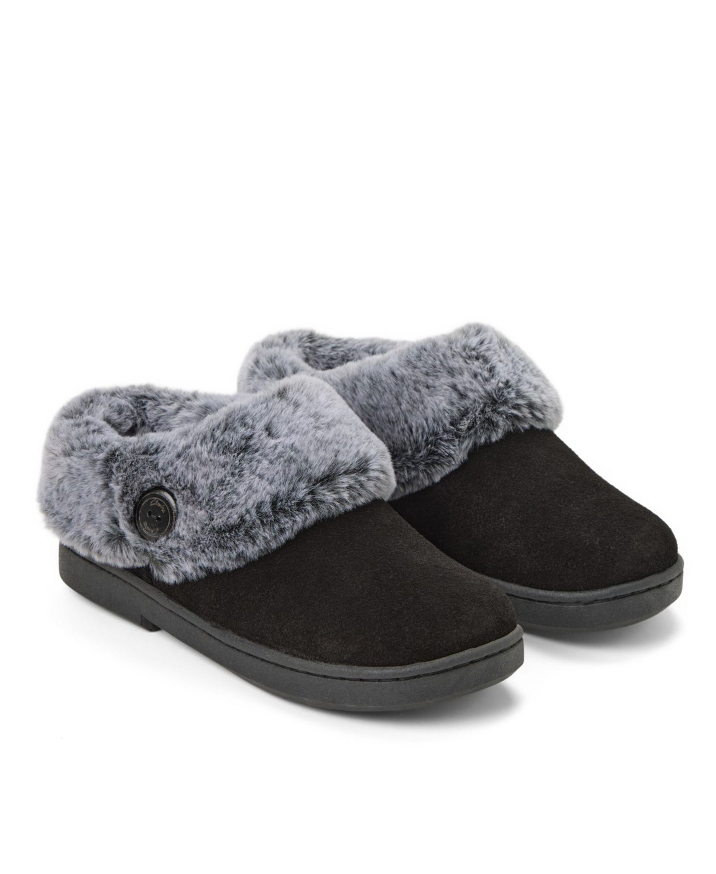Женские сабо Clarks Suede Clog With Tipped Faux Fur Cuff and Button Detail Slippers, цвет: Чёрный — фото 7