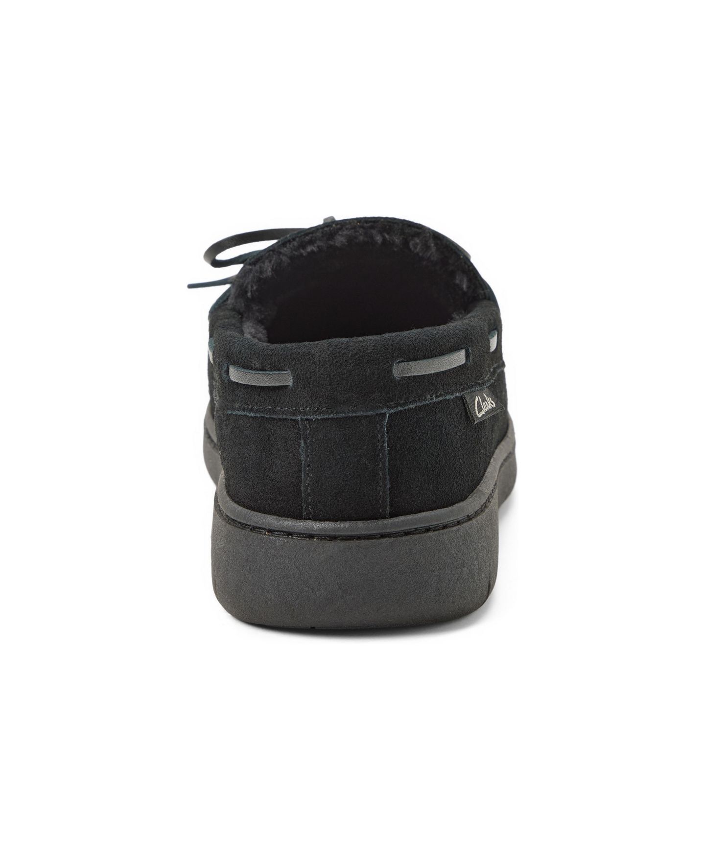 Мужские тапочки Clarks Genuine Cow Suede Moccasin With Leather Lacing And Tipped Faux Fur Slippers, цвет: Чёрный — фото 3