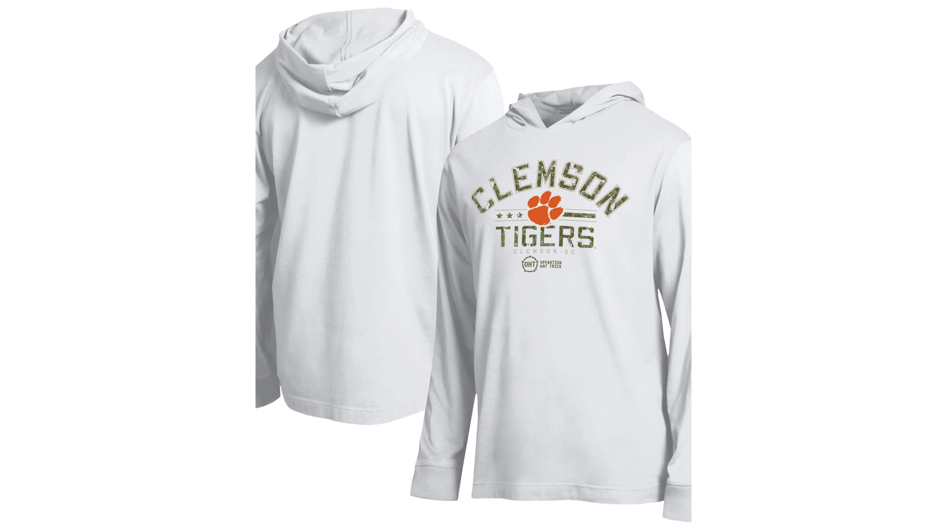 Champion Men's White Clemson Tigers Operation Hat Trick Sleeve Line Hooded Long-Sleeves T-Shirt