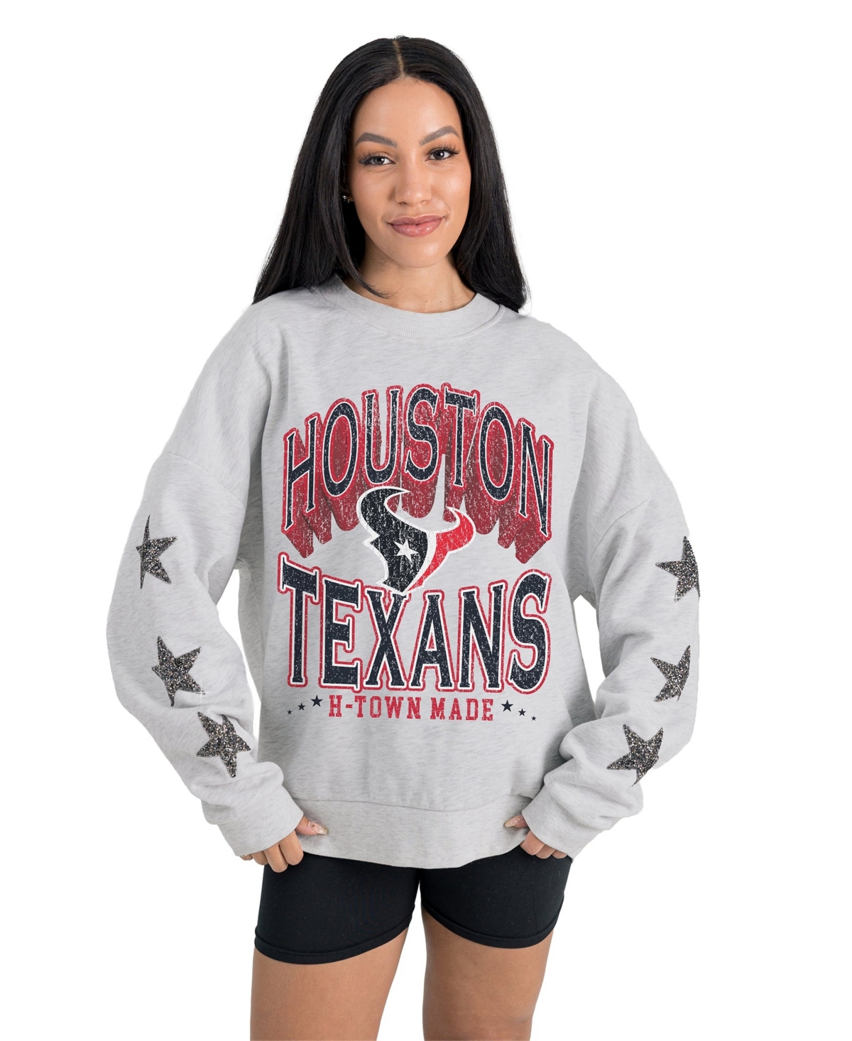 Gameday Couture Women's Ash Houston Texans Resilience Relaxed Rhinestone Pullover Sweatshirt - Ash