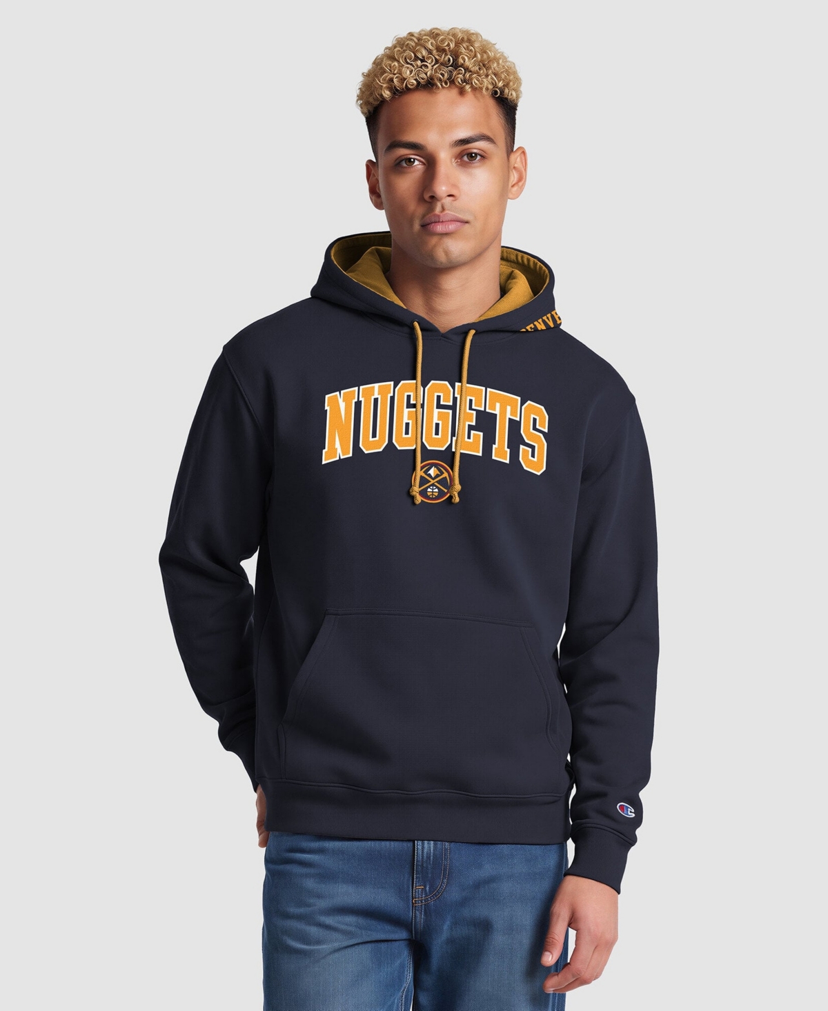 Champion Men's Navy Denver Nuggets Contrast Liner Pullover Hoodie - Navy, Gold