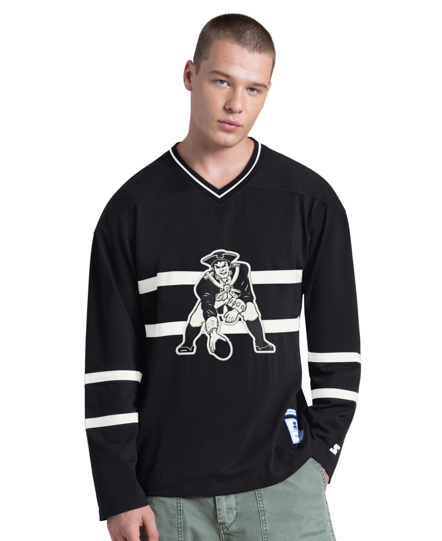 Мужская футболка Starter Black New England Patriots Line Up Retro Logo Long-Sleeves V-Neck — фото 1