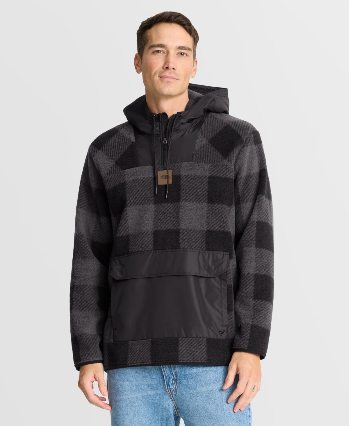 Fanatics Men's Black Baltimore Ravens Oversized Elements Plaid Polar Fleece Quarter-Zip Hoodie - Black