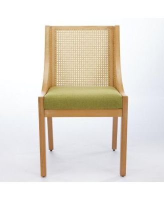 Single Rustic Solid Wood Arm Rattan Dining Chair, Natural Finish Linen Upholstered Side Accent Chair