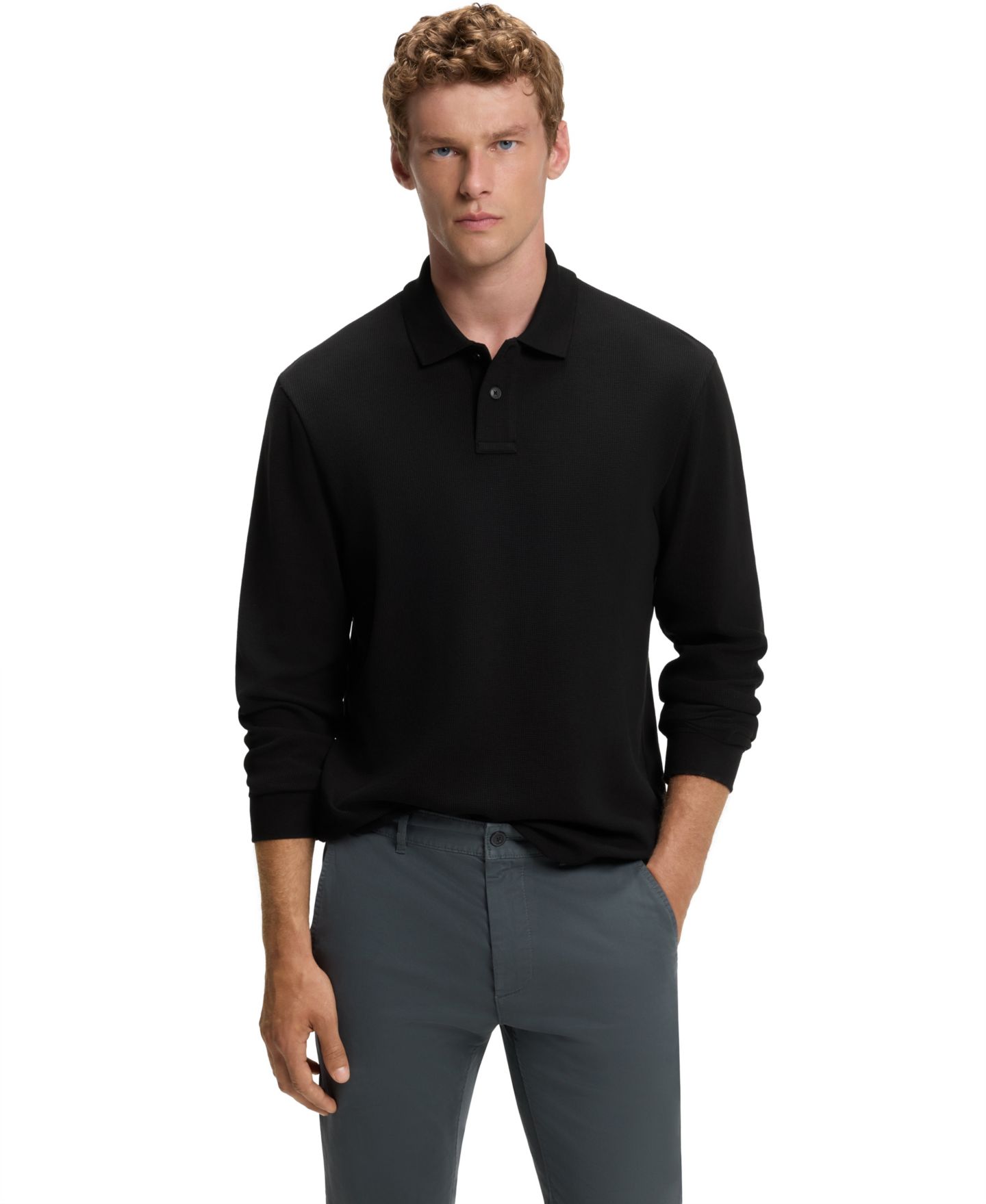 Мужское поло Hugo Boss BOSS by Cotton-Blend Waffle Structure Polo Shirt, цвет: Чёрный — фото 1