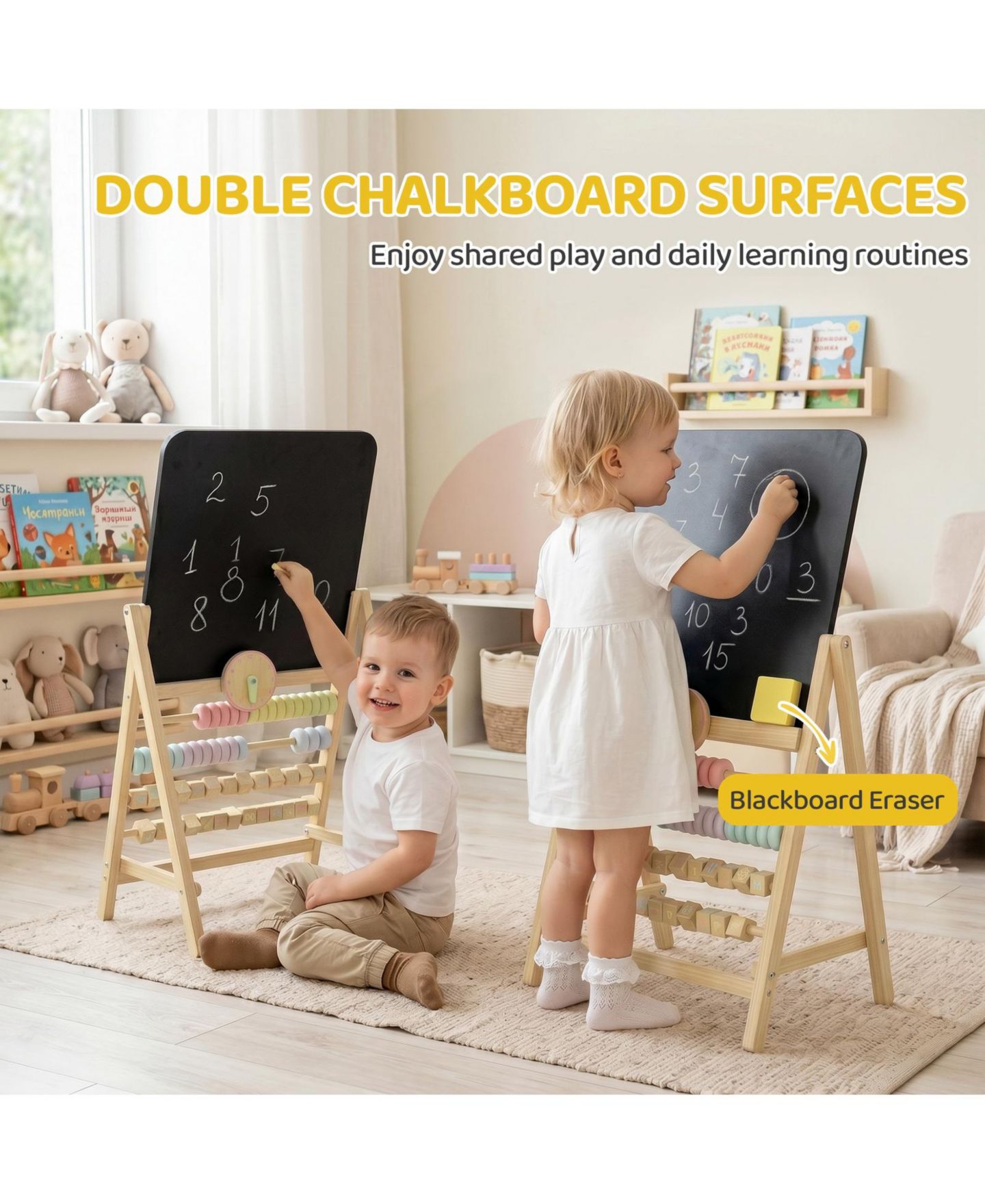 Детская игрушка Glintex Art Easel with Double-Sided Chalkboard, Clock and Abacus, Ages 2+, цвет: Натуральный — фото 6