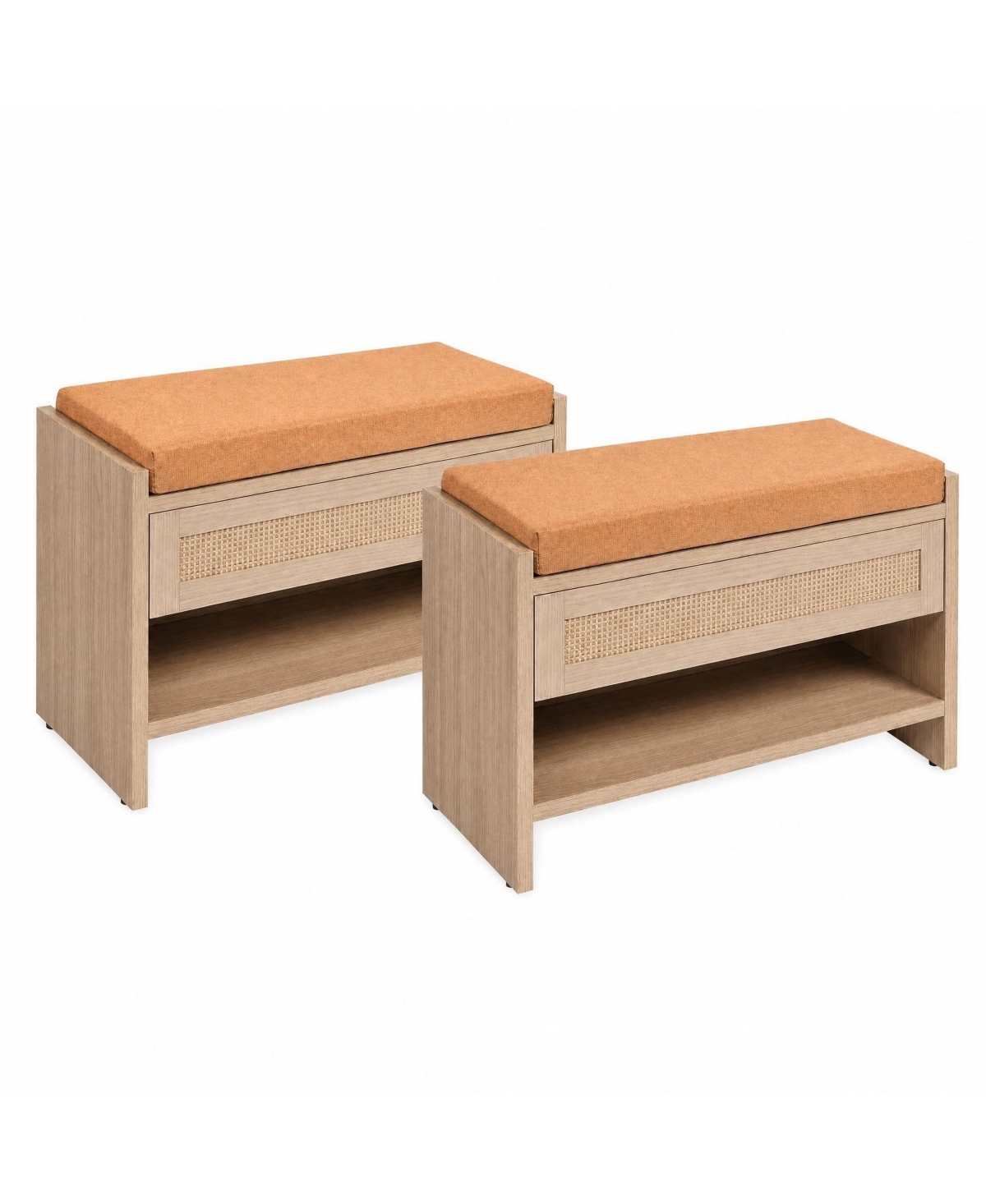 gaomon 2 Pieces 31" L Farmhouse Shoe Bench with Storage Drawer and Linen Cushion, Wooden Entryway Bench with Open Shelf for Hallway and Bedroom