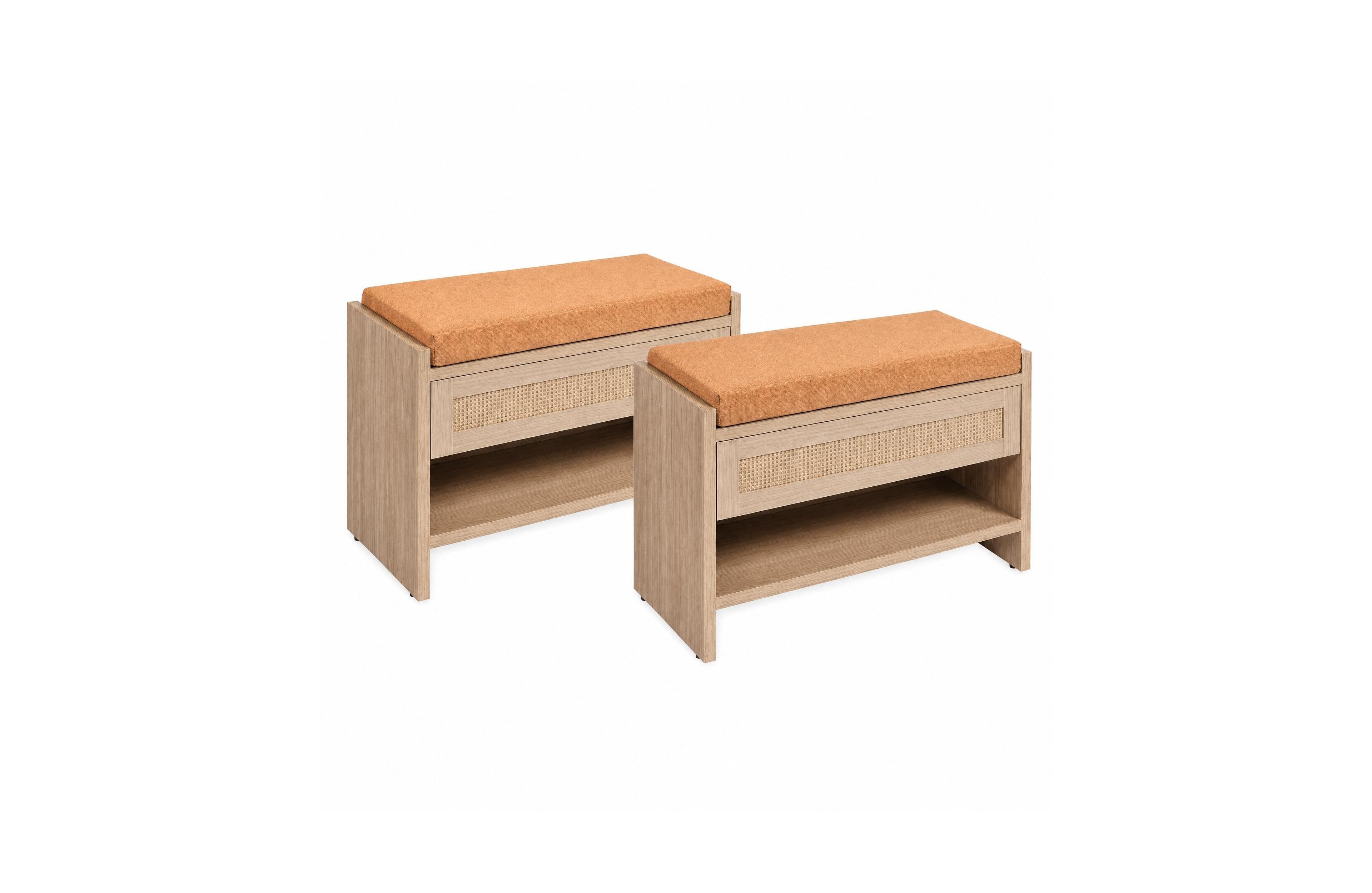 gaomon 2 Pieces 31" L Farmhouse Shoe Bench with Storage Drawer and Linen Cushion, Wooden Entryway Bench with Open Shelf for Hallway and Bedroom
