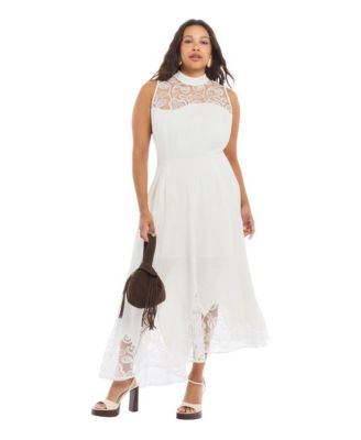 Plus Size Linen-Blend Eyelet-Trim Fitted Bodice A-Line Midi Dress
