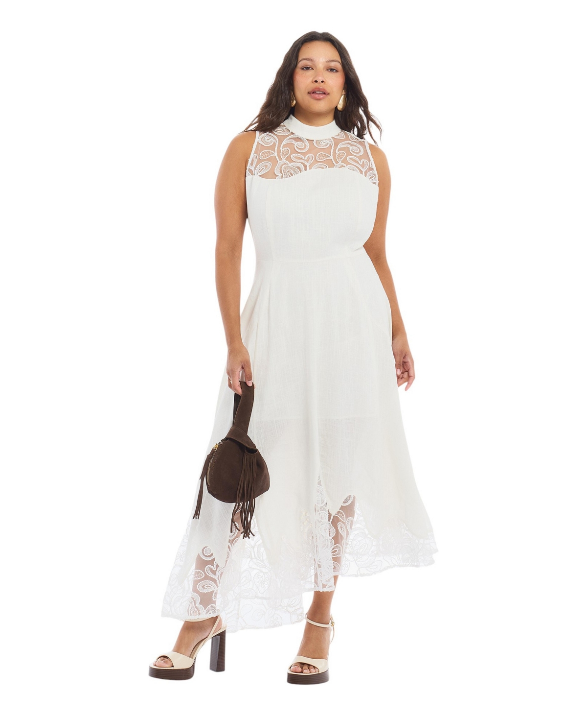 June & Vie Plus Size Linen-Blend Eyelet-Trim Fitted Bodice A-Line Midi Dress - Sugar swizzle