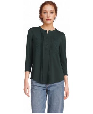 Women's 3/4 Sleeve Lightweight Jersey Embroidered Pintuck Blouse
