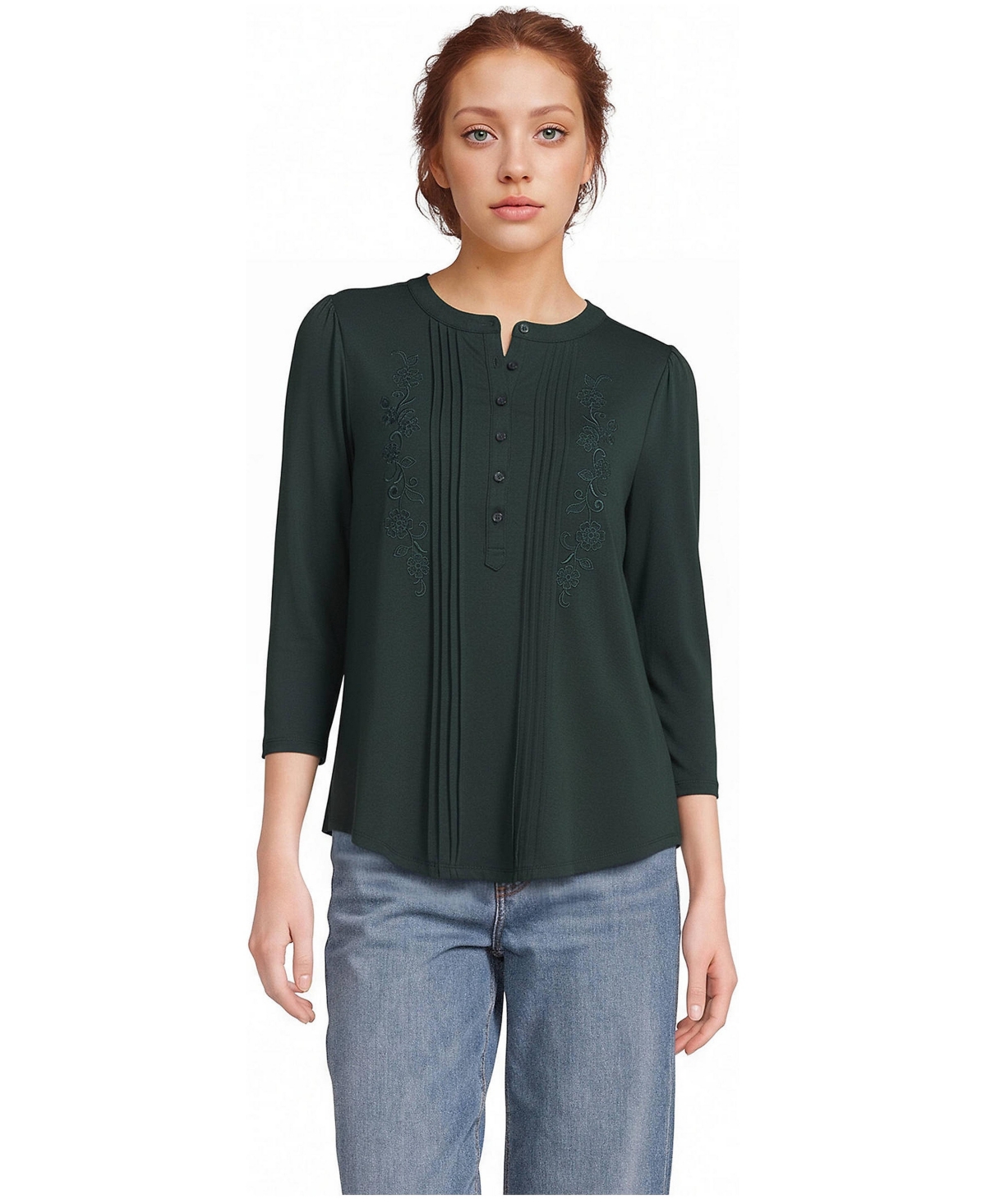 Lands' End Women's 3/4 Sleeve Lightweight Jersey Embroidered Pintuck Blouse