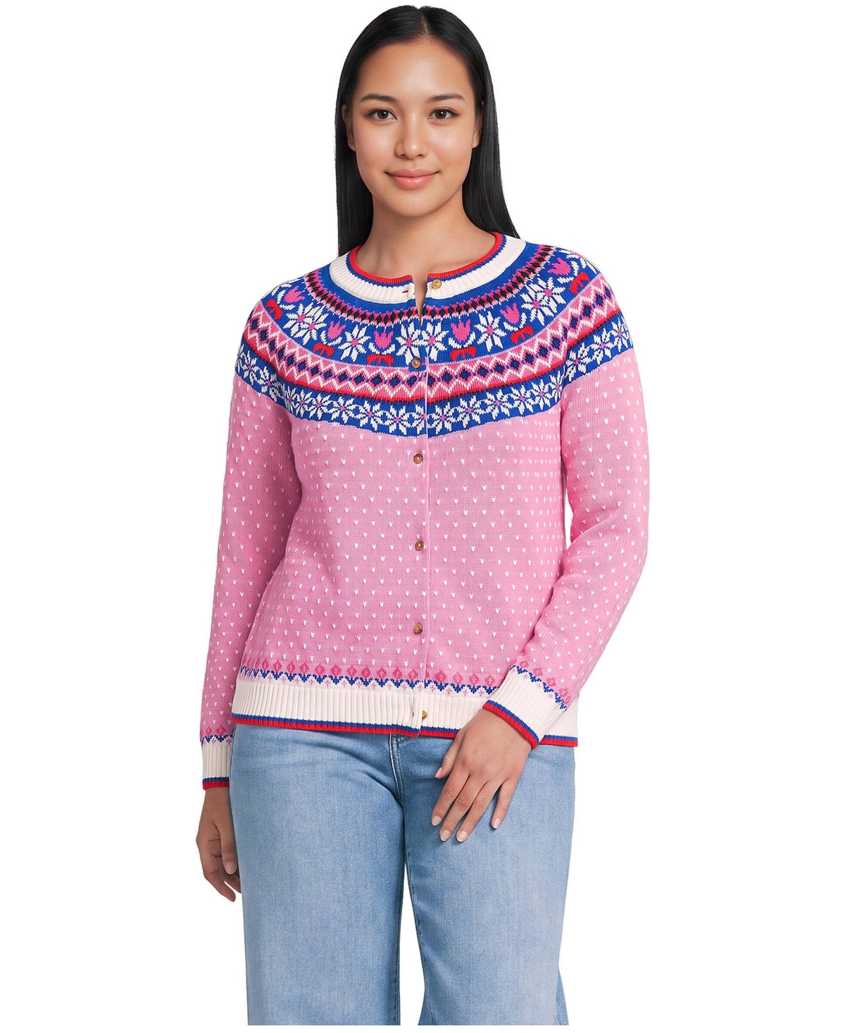 Lands' End Plus Drifter Fair Isle Raglan Sleeve Cardigan Sweater