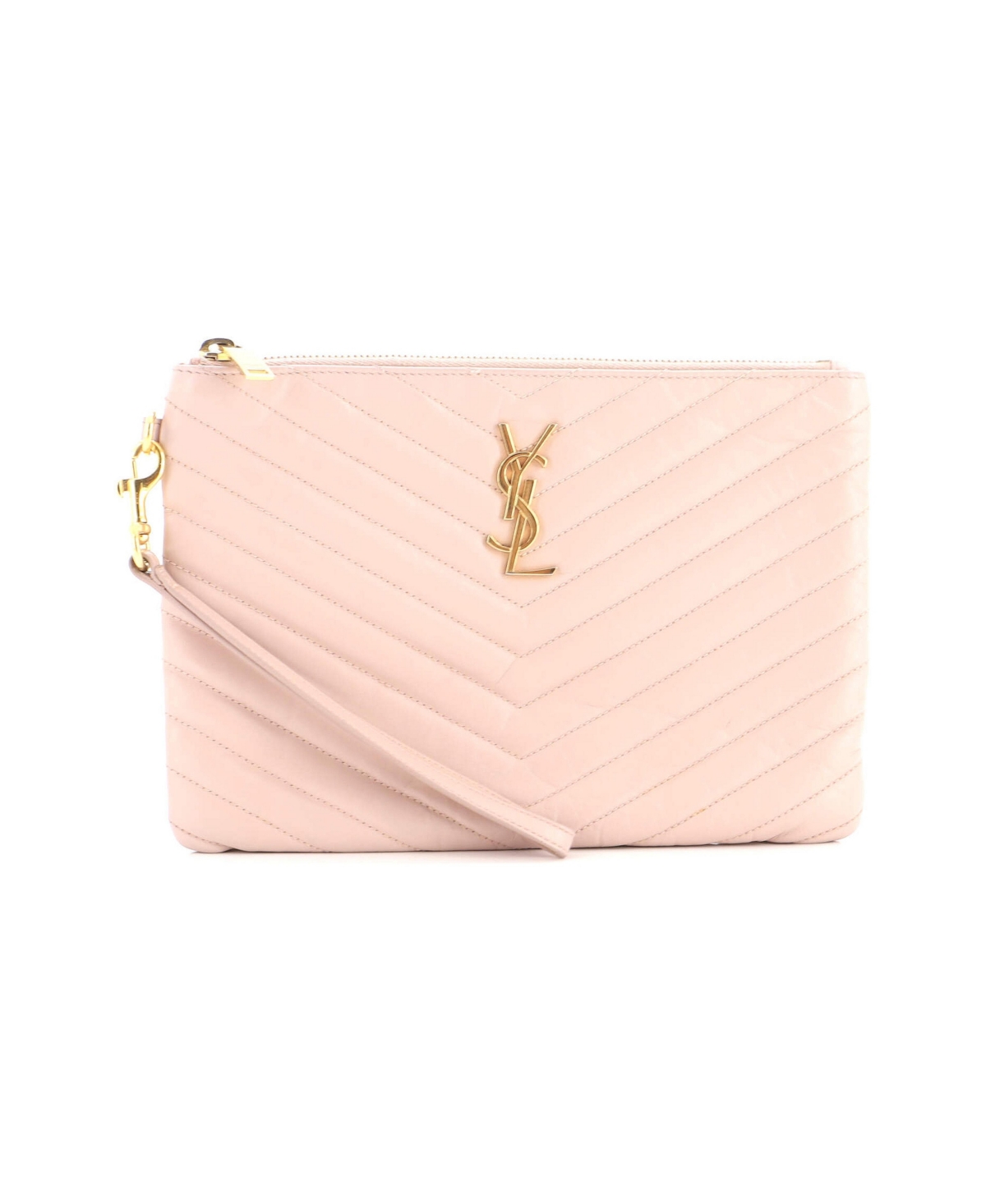 Pre-Owned Saint Laurent Small Classic Monogram Wristlet Pouch Matelasse Chevron Leather - Pink