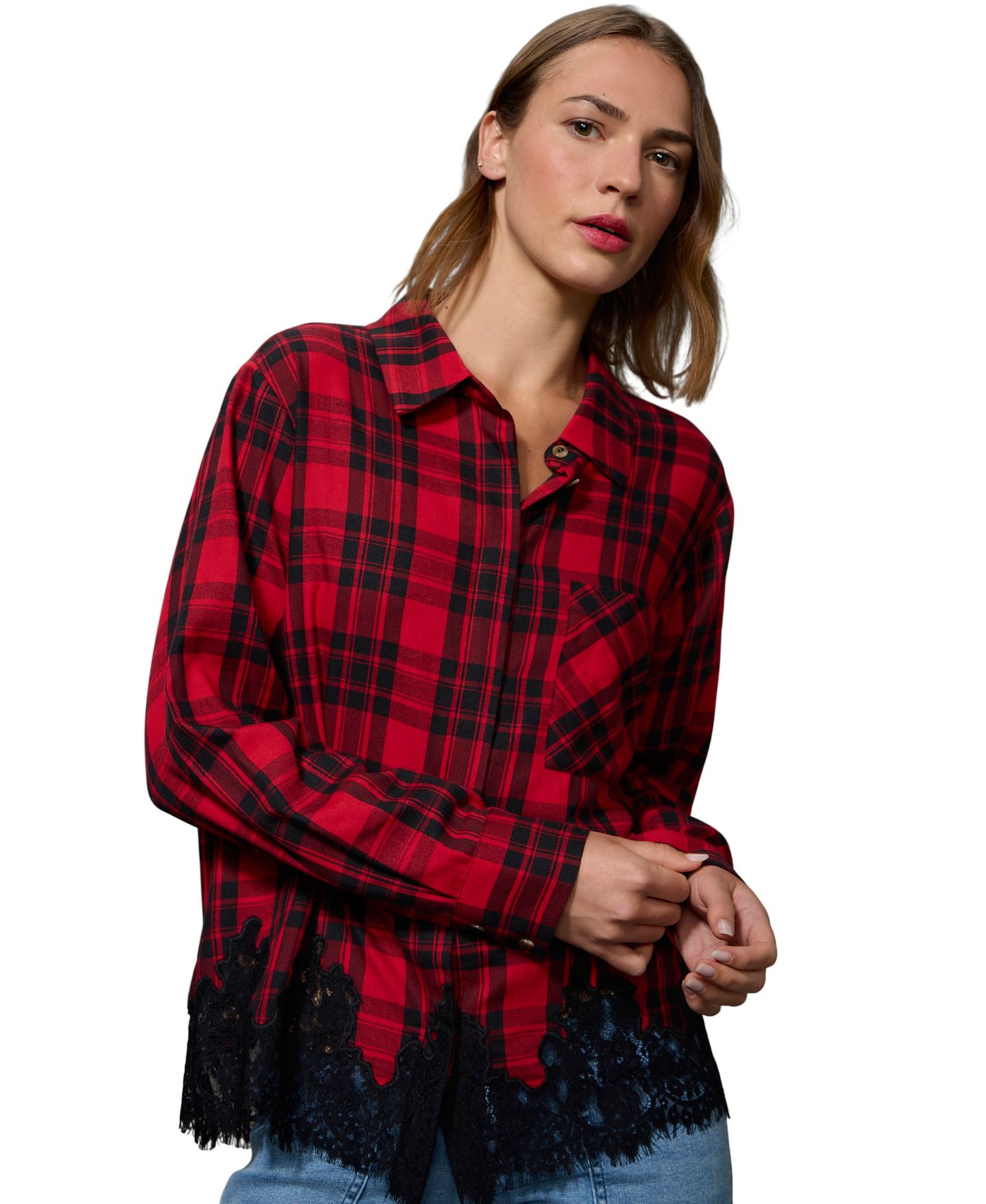 Женская блузка Sanctuary Best Long-Sleeve Plaid Lace-Hem, цвет: Клетчатый — фото 4