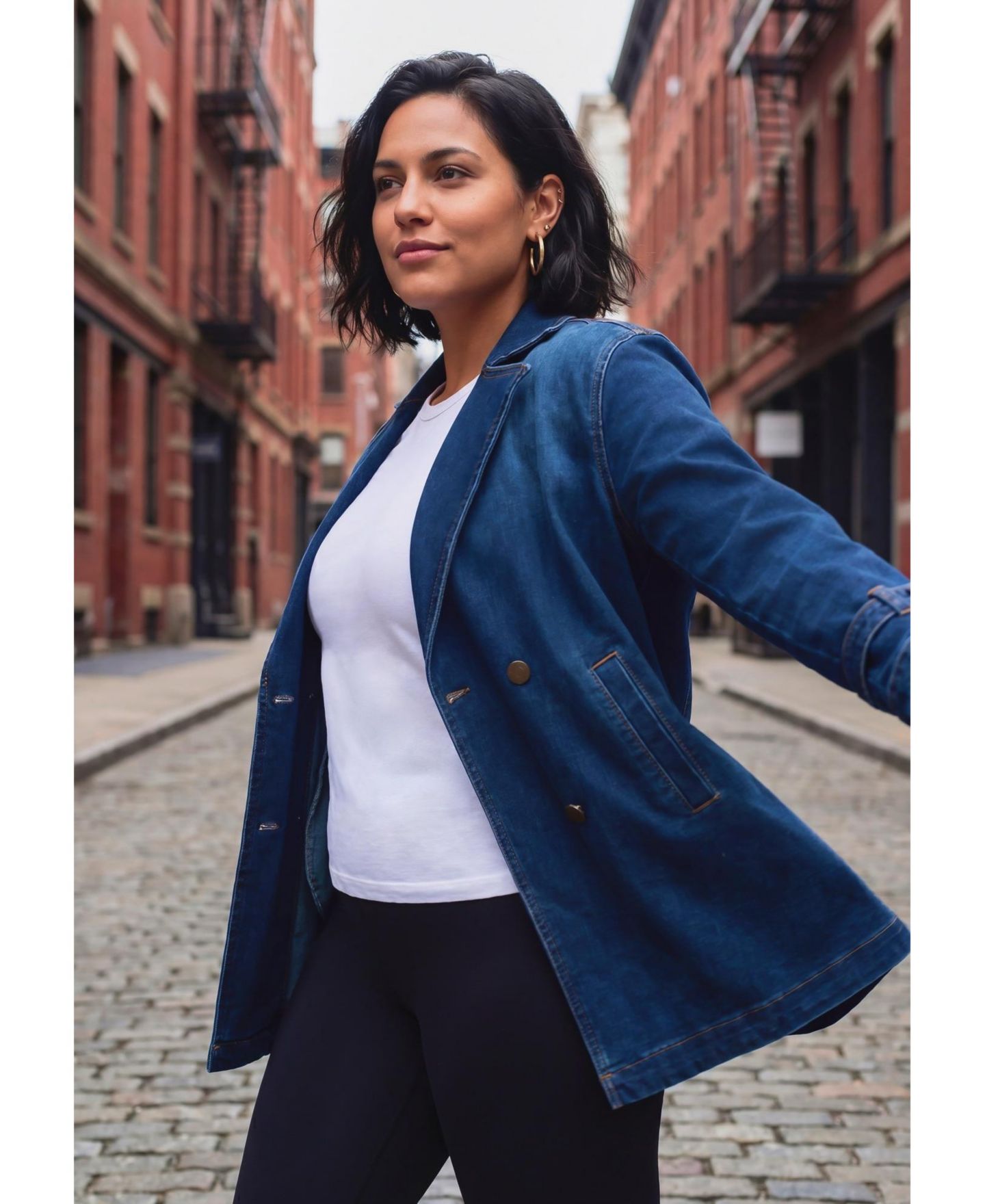 Женская куртка Avenue Plus Size Cropped Notch Lapel Denim Trench, цвет: Тёмная варка — фото 2