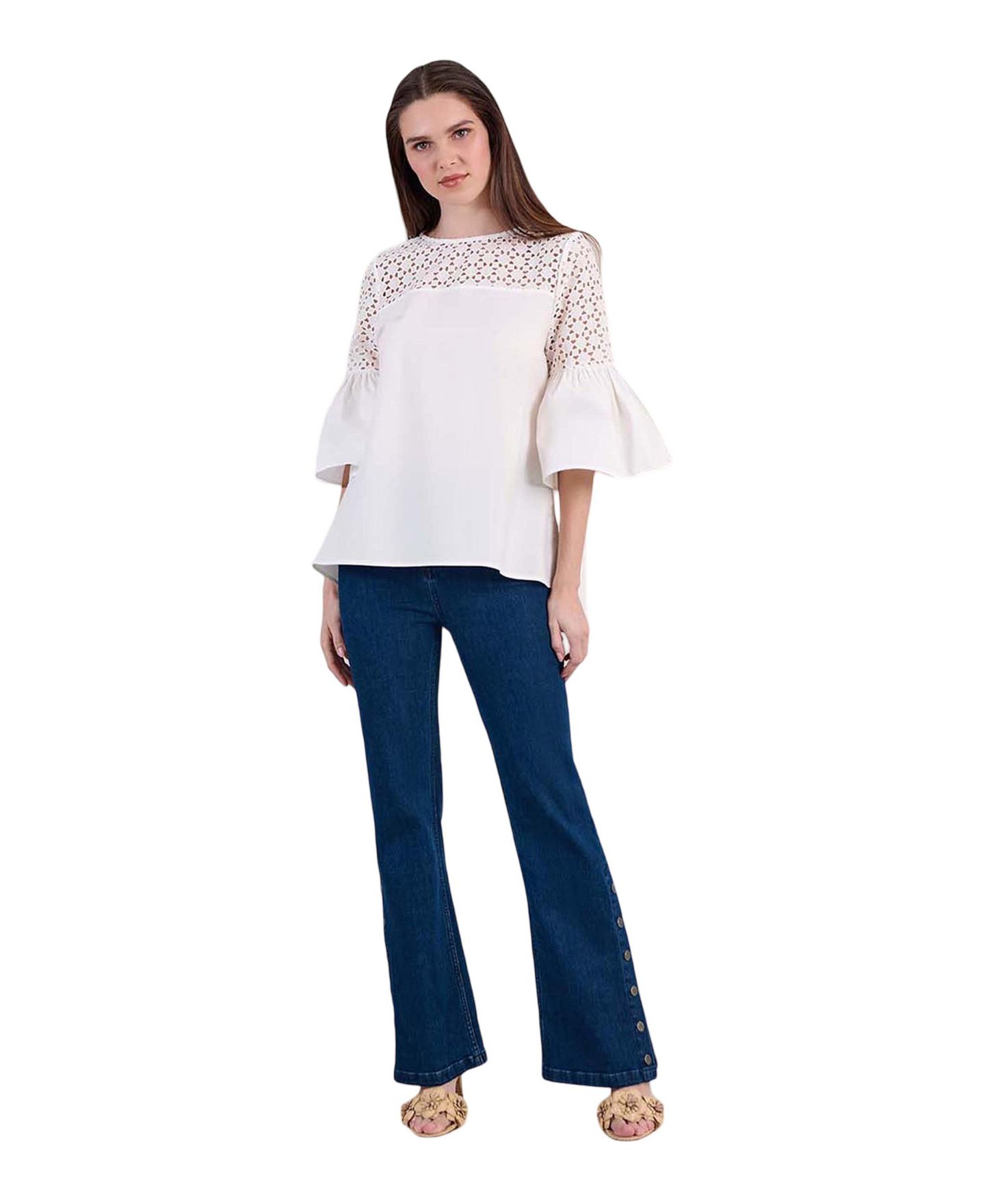 Женская футболка Anne Fontaine Piper Bell-Sleeve Geometric Eyelet Cotton-Blend Poplin, цвет: Белый — фото 3