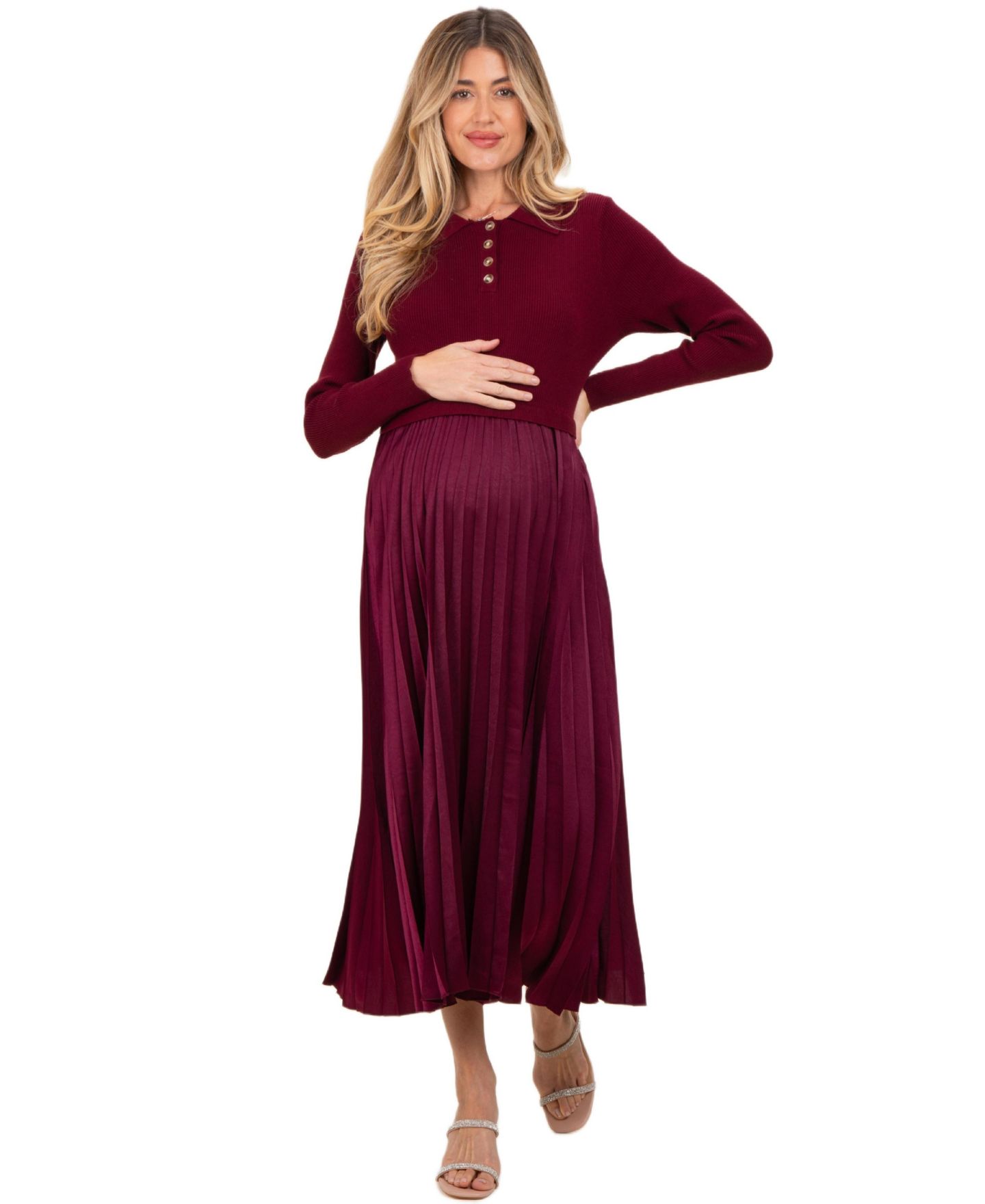 Женское платье Pinkblush Collared Knit Contrast Pleated Skirt Midi, цвет: Бордовый — фото 1