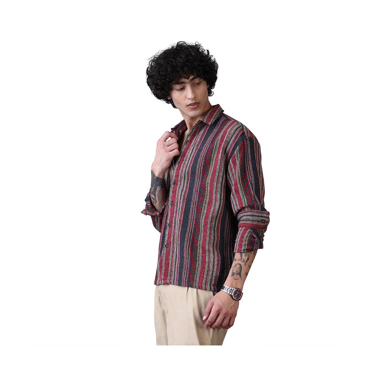 Campus Sutra Men's Multitrack-Striped Long-Sleeve Button-Up Shirt