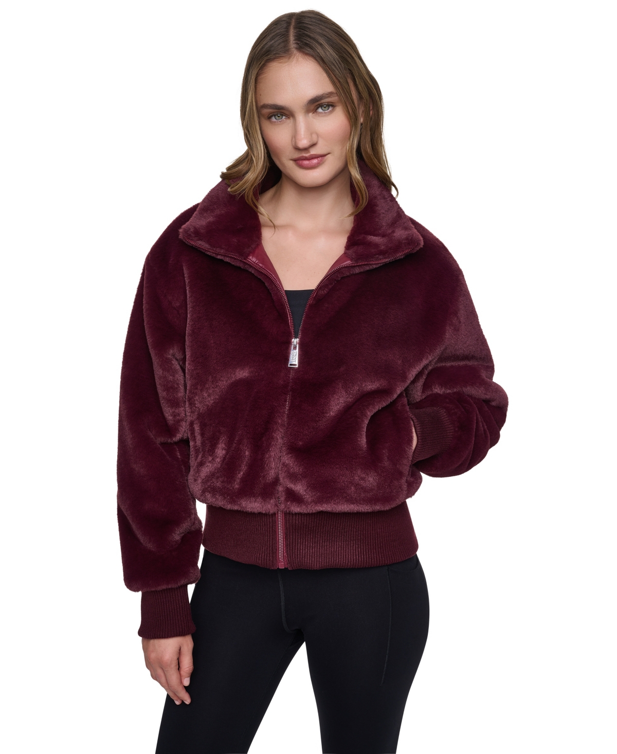 Dkny Sport Women's Mock Neck Short Faux Fur Jacket - Claret