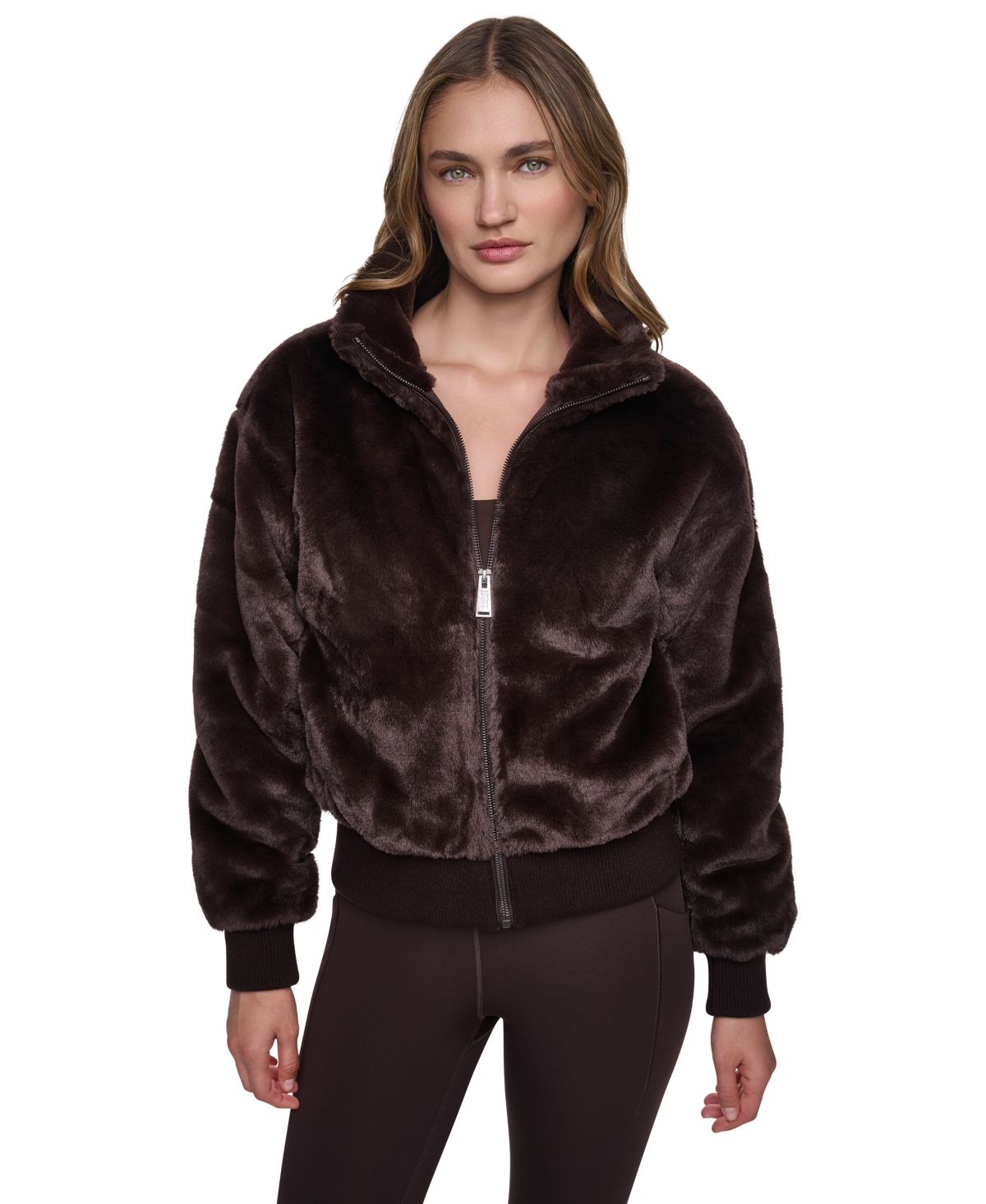 Dkny Sport Women's Mock Neck Short Faux Fur Jacket - Espresso