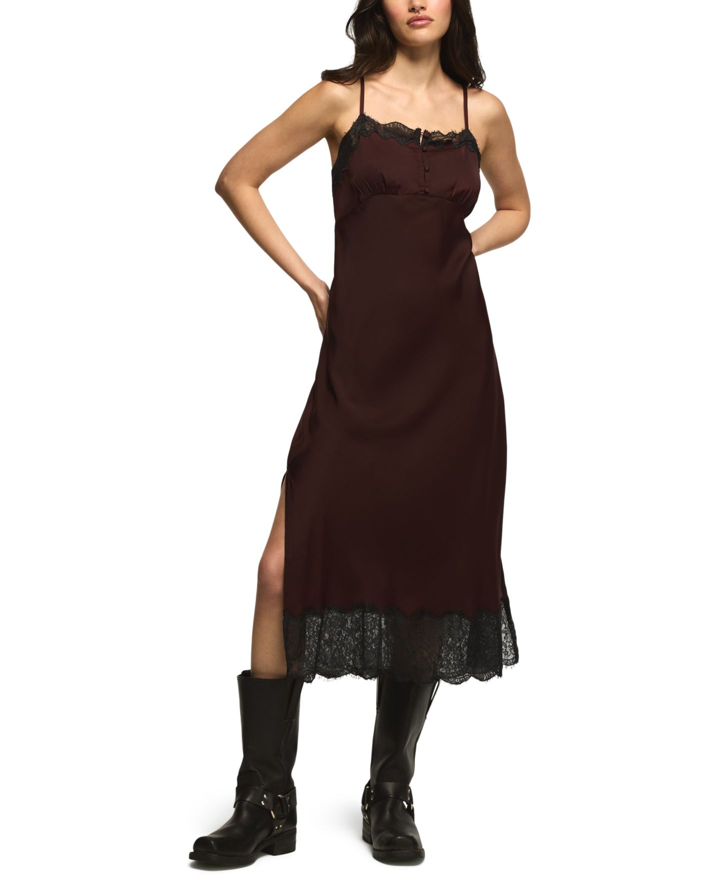 Женское платье Lucky Brand Satin V-Neck Lace-Trim Slip Midi, цвет: Бордовый — фото 1