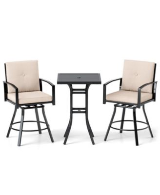 3-Piece Patio Swivel Bar Set with Soft Cushions and Umbrella Hole Chair
