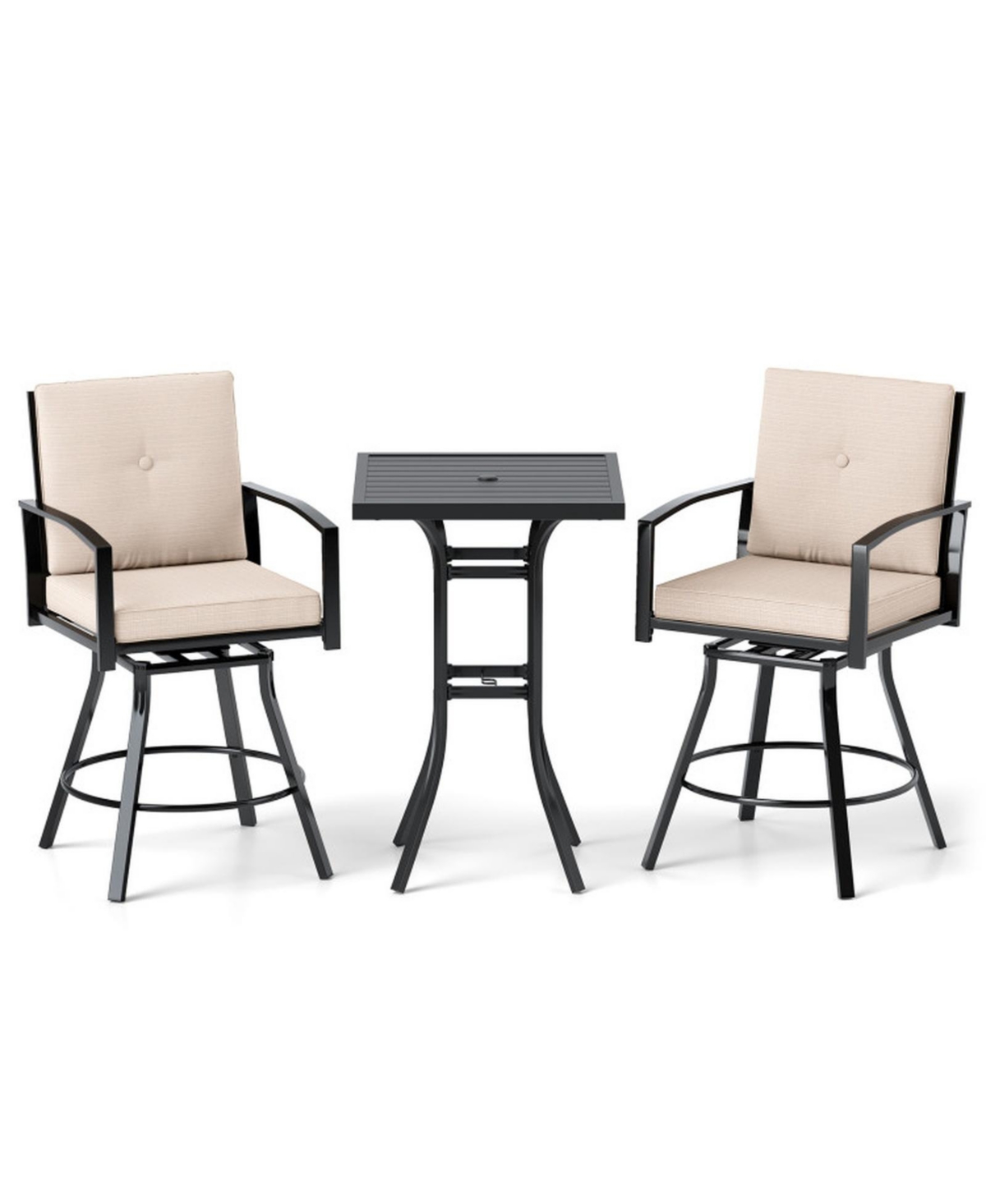 Sugift 3-Piece Patio Swivel Bar Set with Soft Cushions and Umbrella Hole Chair