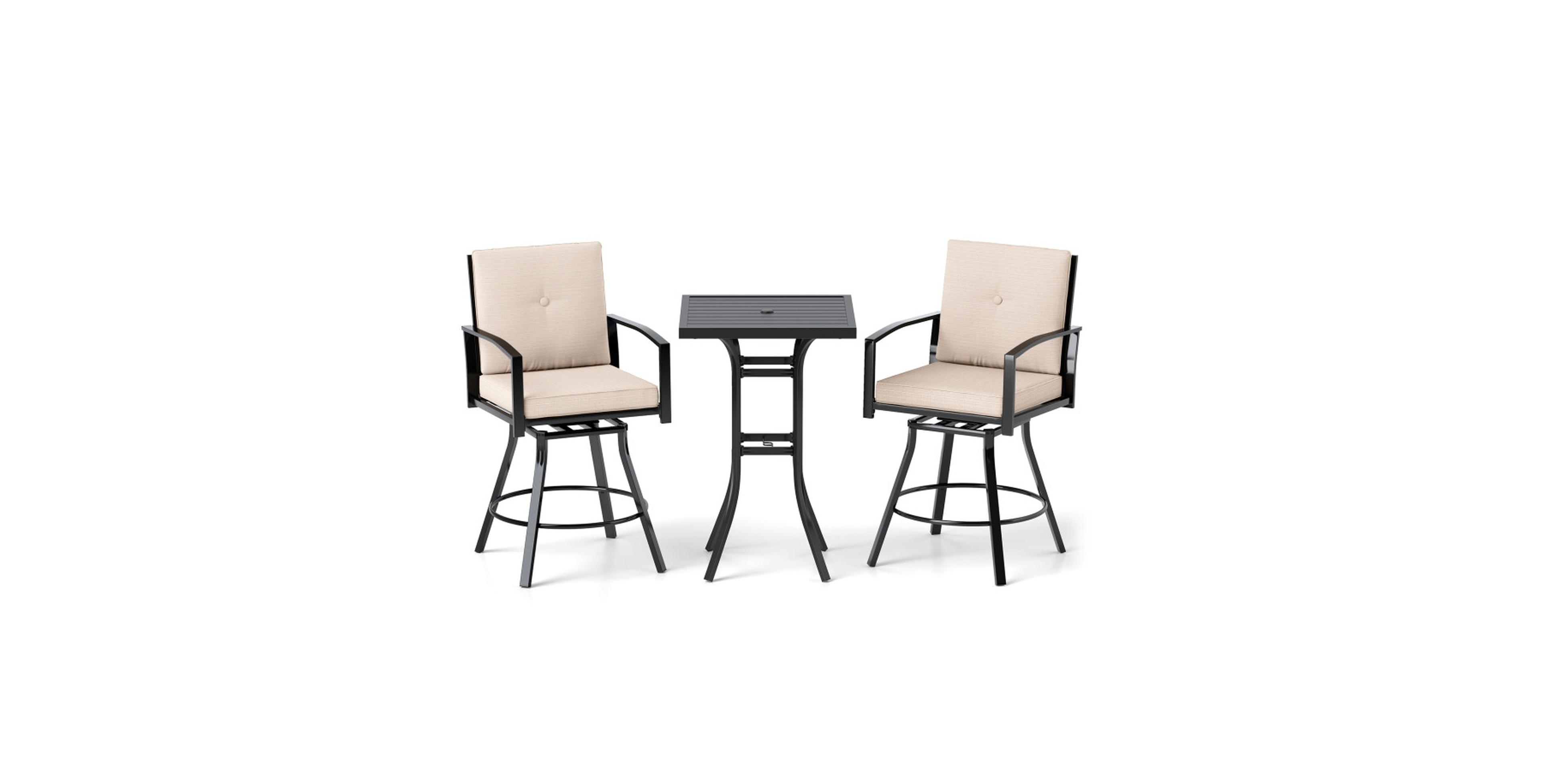 Sugift 3-Piece Patio Swivel Bar Set with Soft Cushions and Umbrella Hole Chair