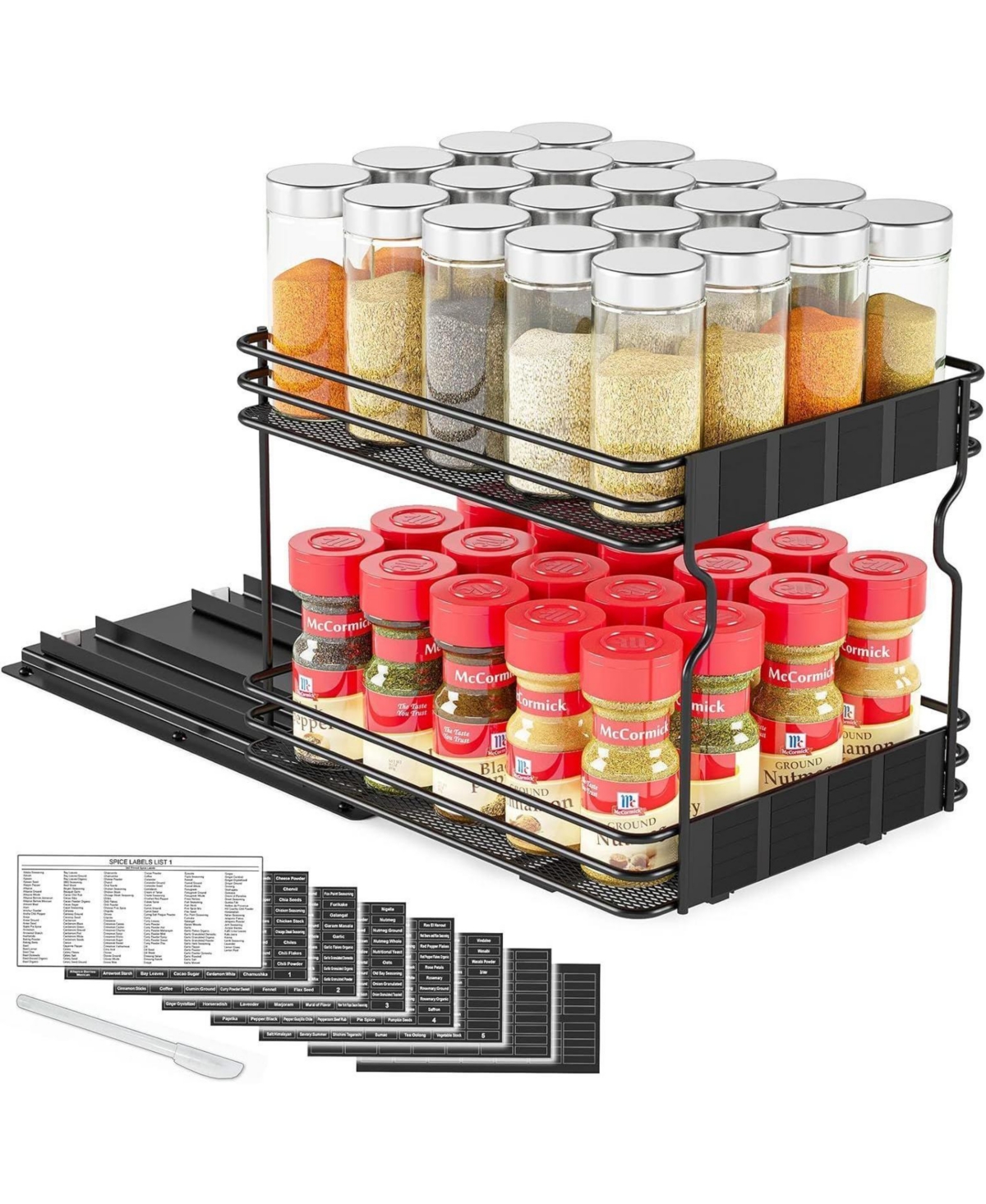 SpaceAid Pull Out Spice Rack Organizer(no jars included) for Cabinet,with Labels,8.5" W x10.75 D x8.5 H, 1 Drawer 2-Tier