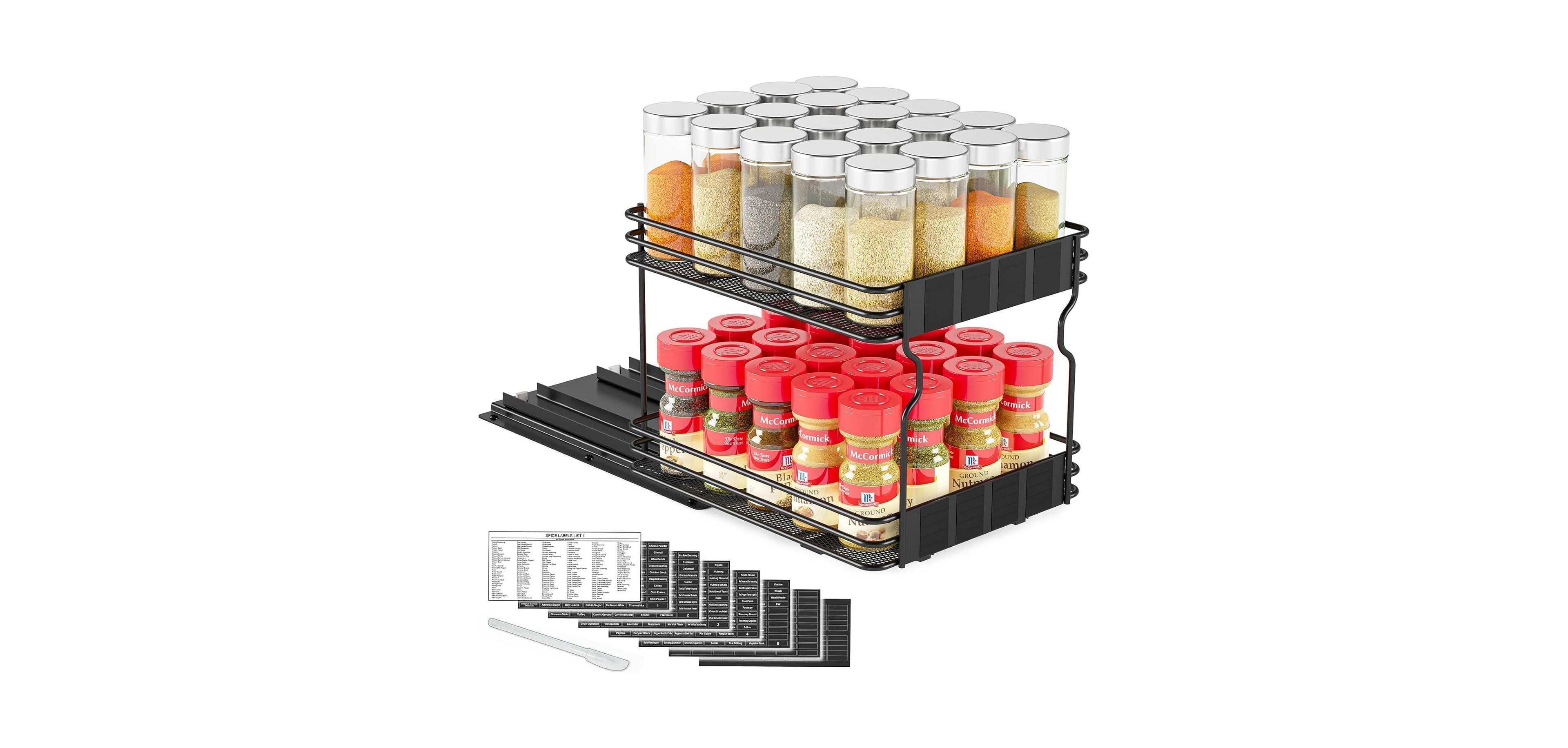 SpaceAid Pull Out Spice Rack Organizer(no jars included) for Cabinet,with Labels,8.5" W x10.75 D x8.5 H, 1 Drawer 2-Tier