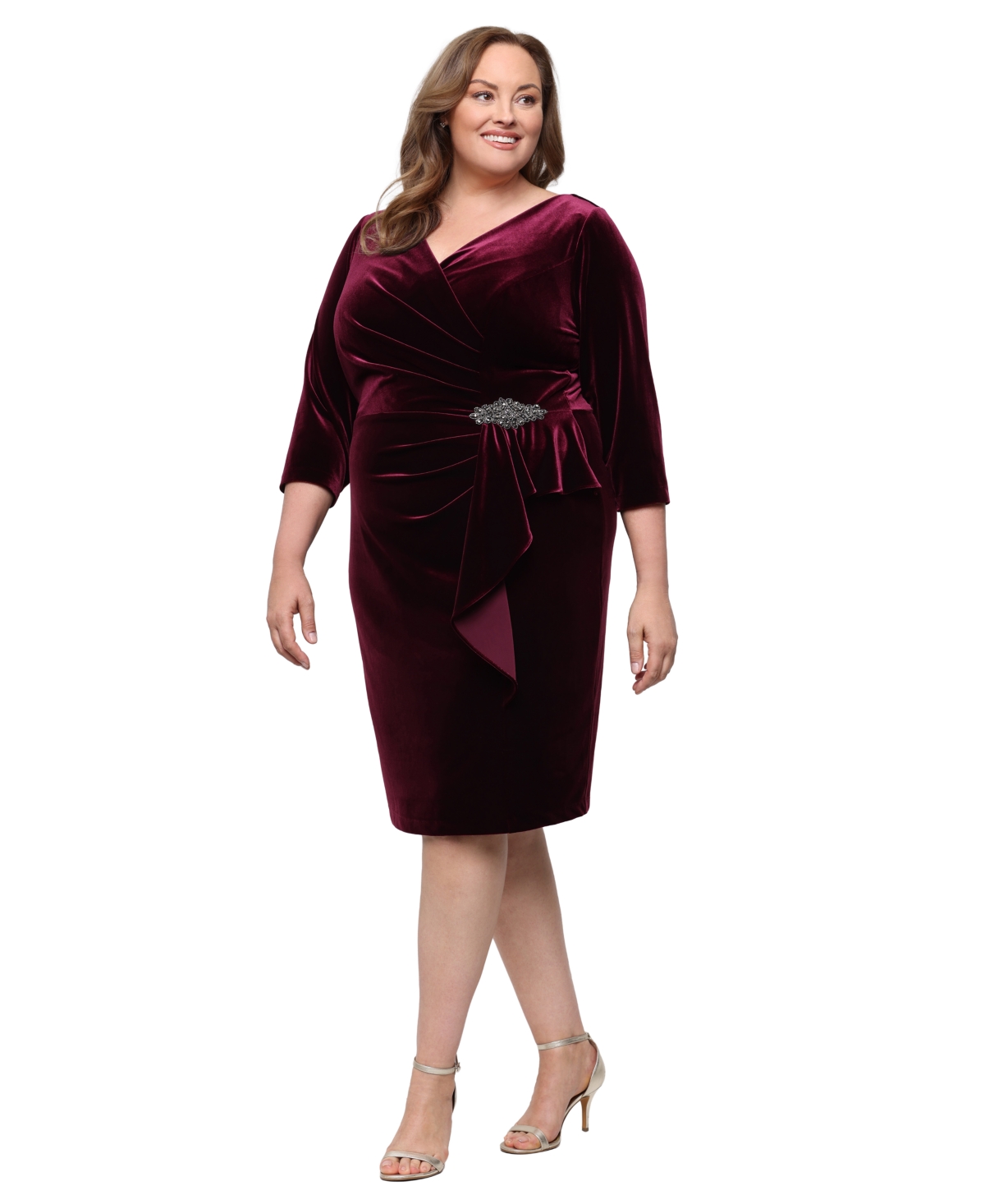 Alex Evenings Plus Size Velvet Embellished Side-Ruffle Dress - Wine