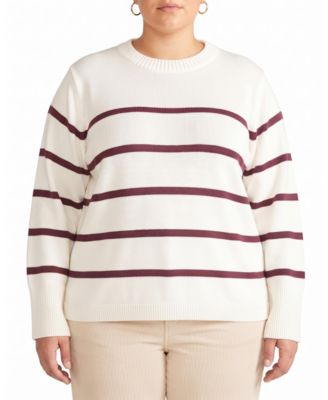 Plus Size Bardot Striped Wide Sleeve Cotton Sweater