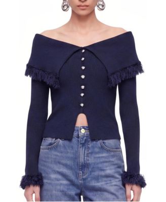 Women's Fringed Collar Off-Shoulder Cardigan