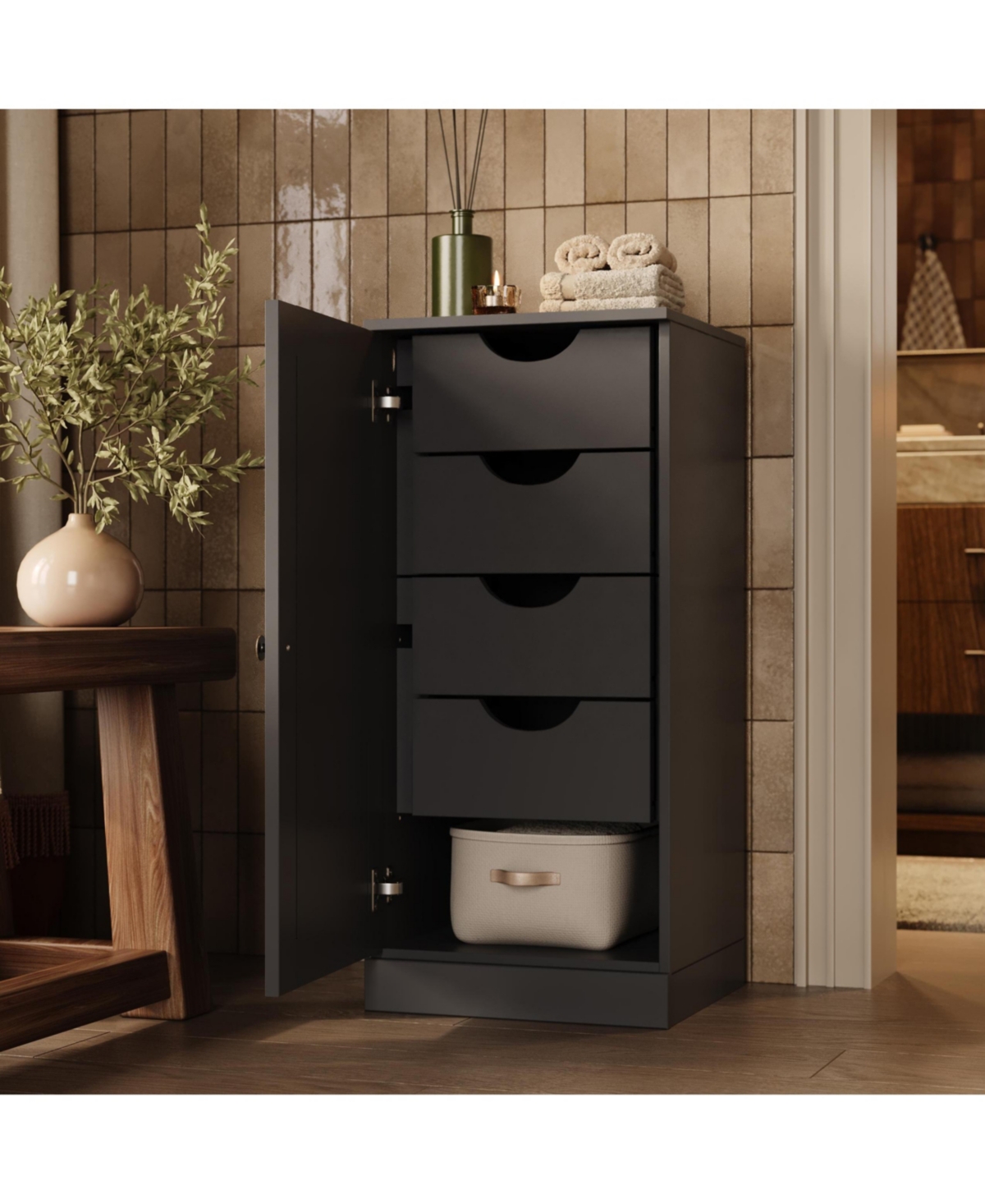 Palace Imports 100% Solid Wood Bathroom Linen Cabinet, 16.5"W x 35.75"H, Raised Panel Door, 4 Drawers and Adjustable Shelves - Gray