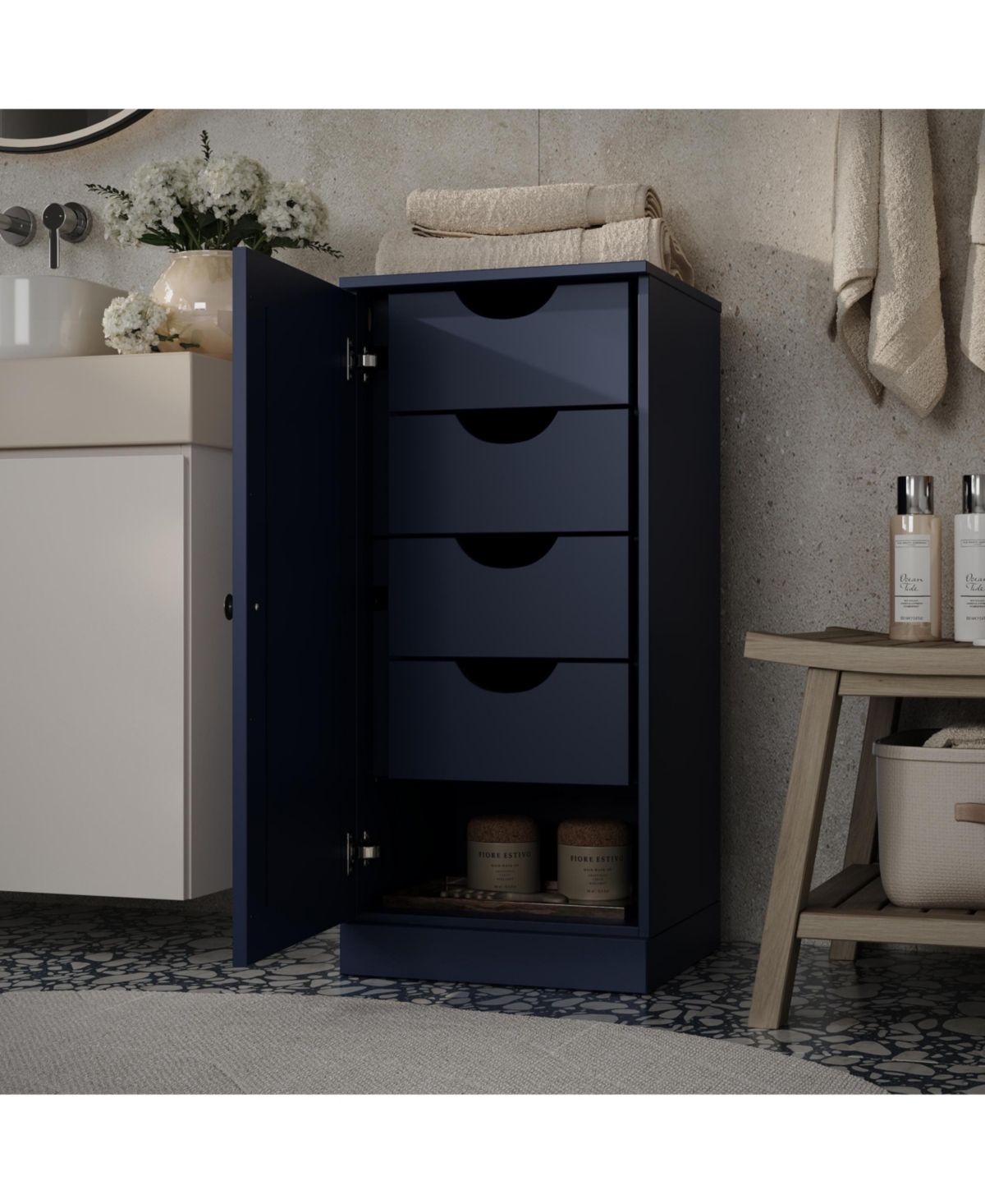 Palace Imports 100% Solid Wood Bathroom Linen Cabinet, 16.5"W x 35.75"H, Raised Panel Door, 4 Drawers and Adjustable Shelves - Navy blue
