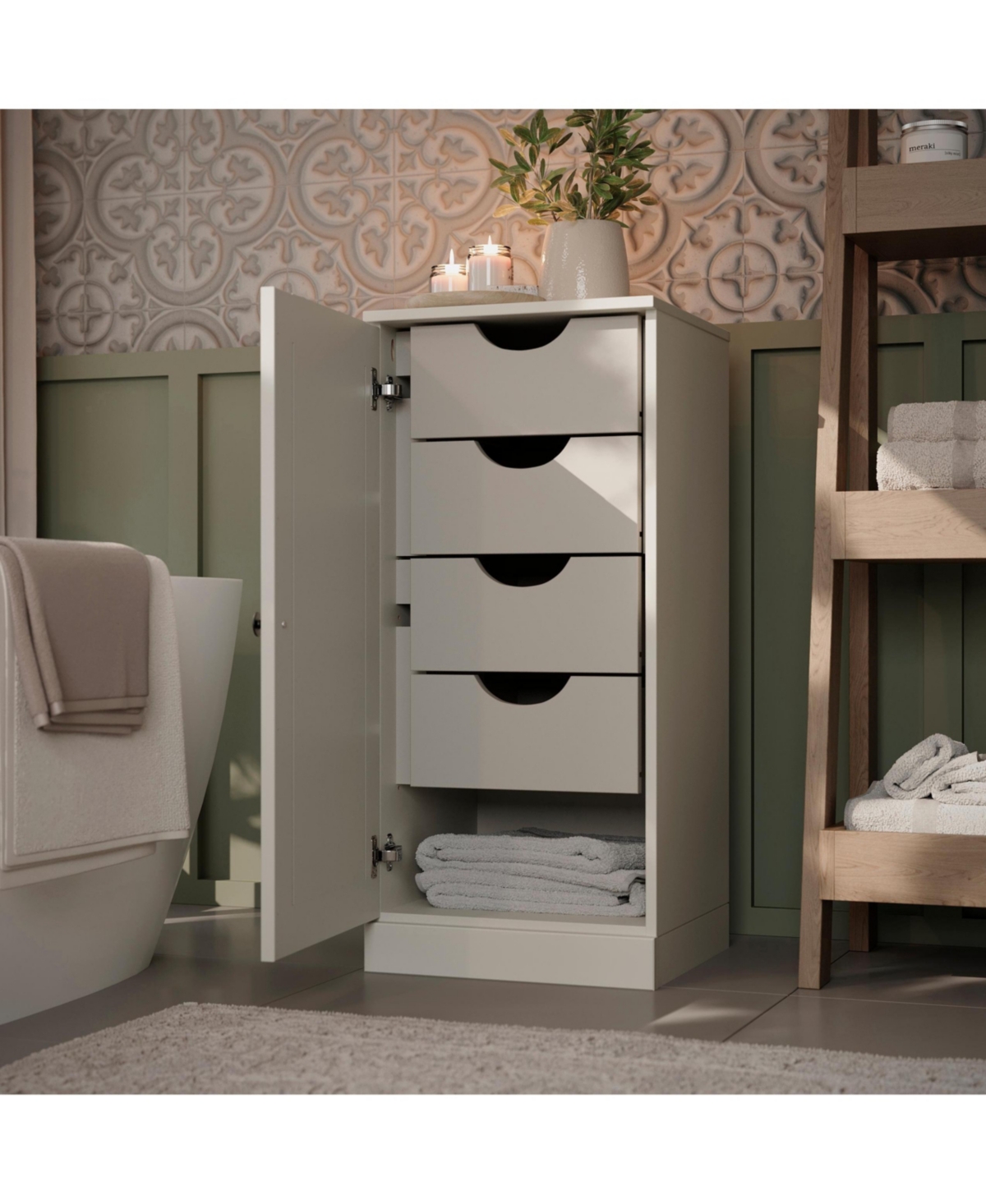 Palace Imports 100% Solid Wood Bathroom Linen Cabinet, 16.5"W x 35.75"H, Raised Panel Door, 4 Drawers and Adjustable Shelves - Off white